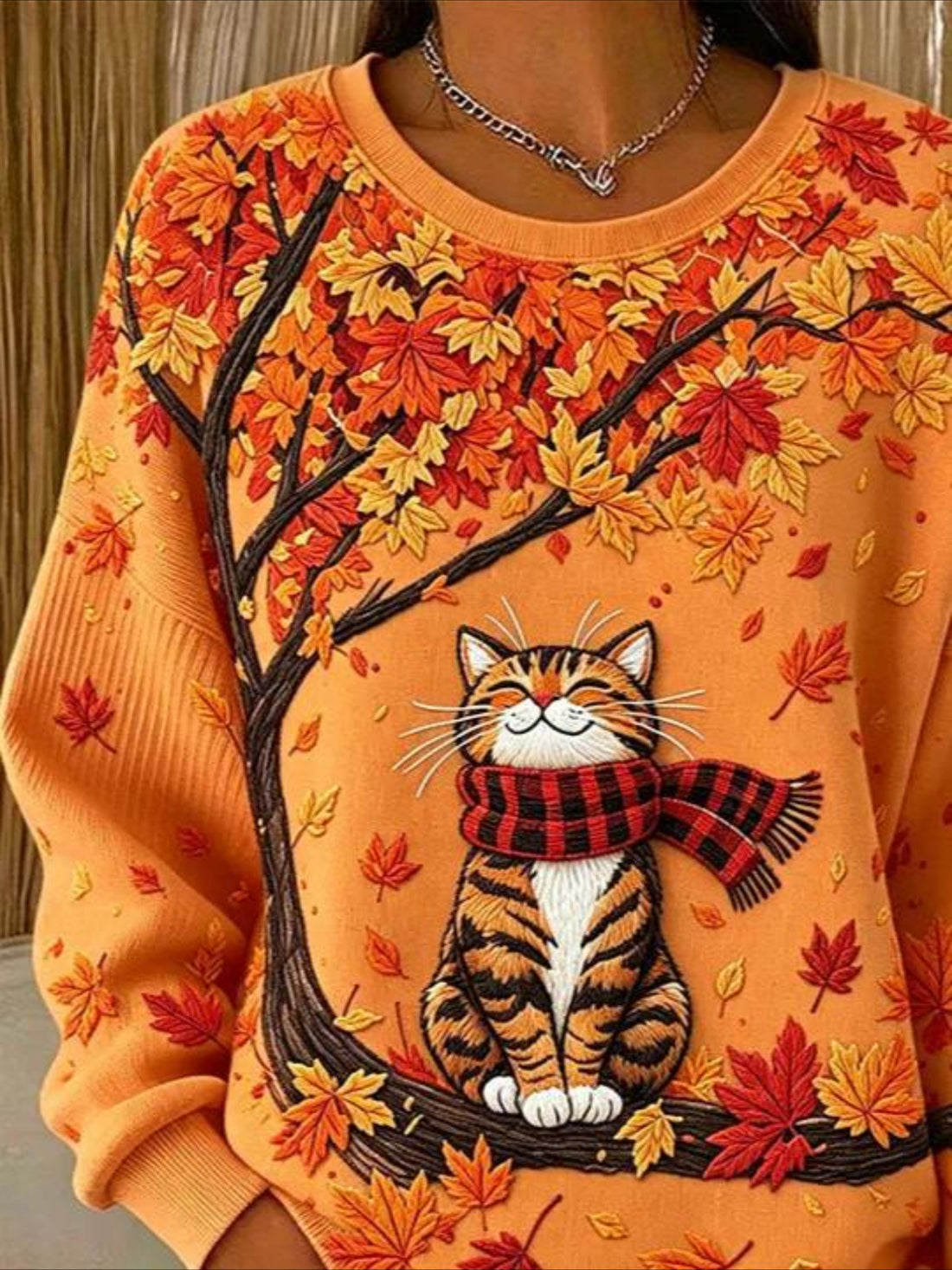Maple Leaf Printing Crew Neck Floral Long Sleeve Comfy Casual Sweater Tee