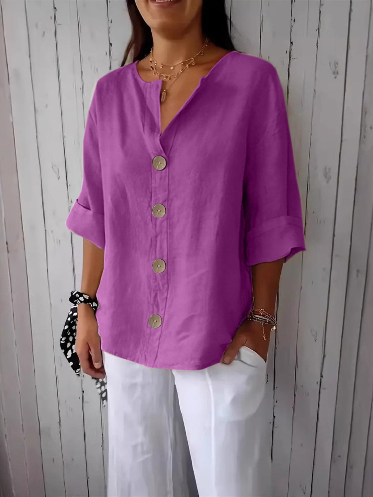 V-Neck Button-Up Solid Color Short Sleeve Loose Fit Short Sleeve Shirt