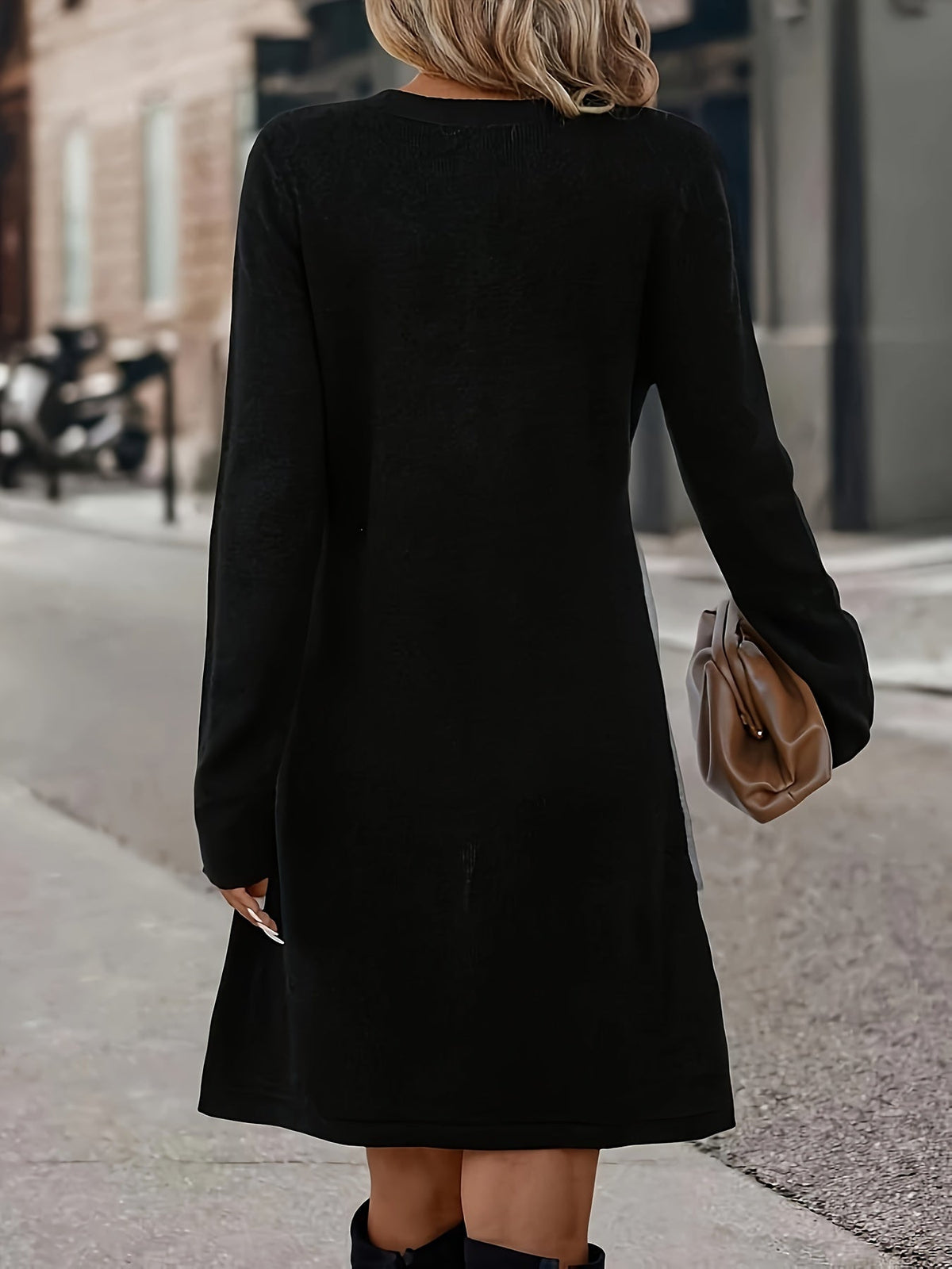 Colorblock Chic Dress - Flattering Casual Style with Long Sleeves and Medium Stretch, Soft Round Neck Mini Dress