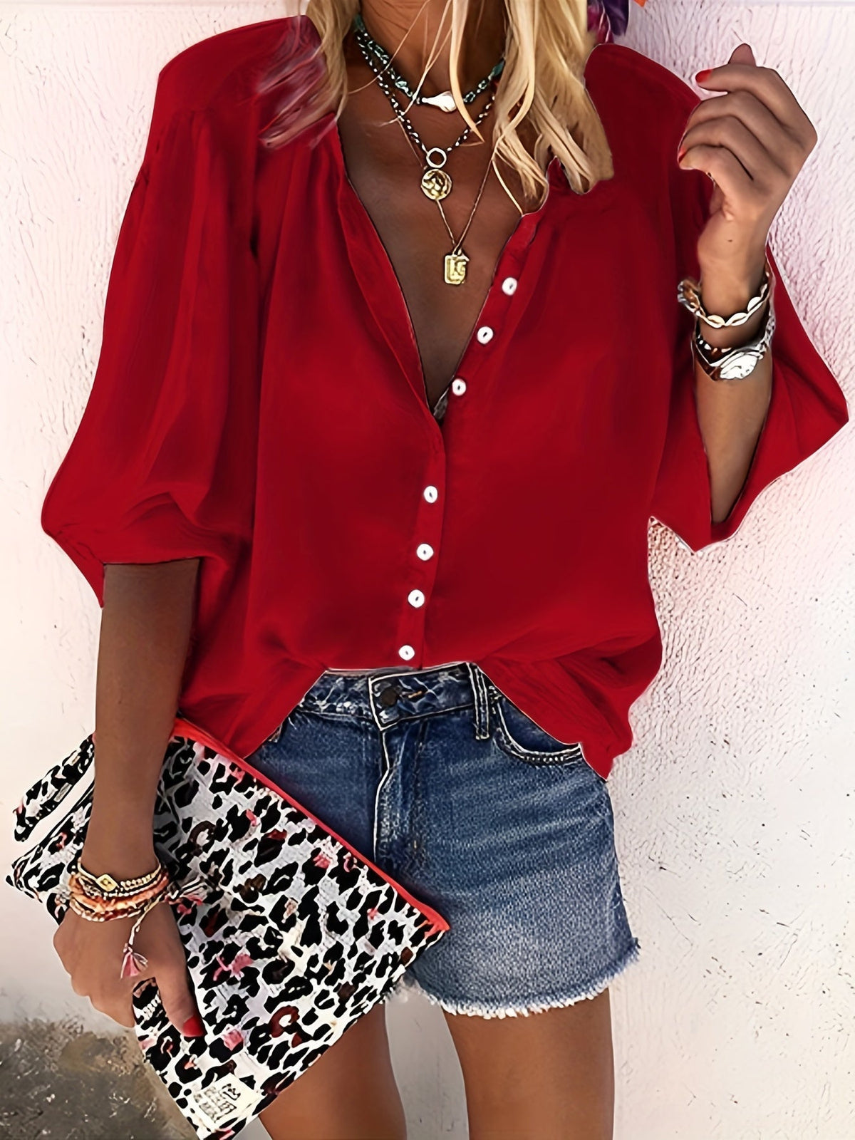 Solid Button Front Blouse, Casual Stand Collar Long Sleeve Blouse