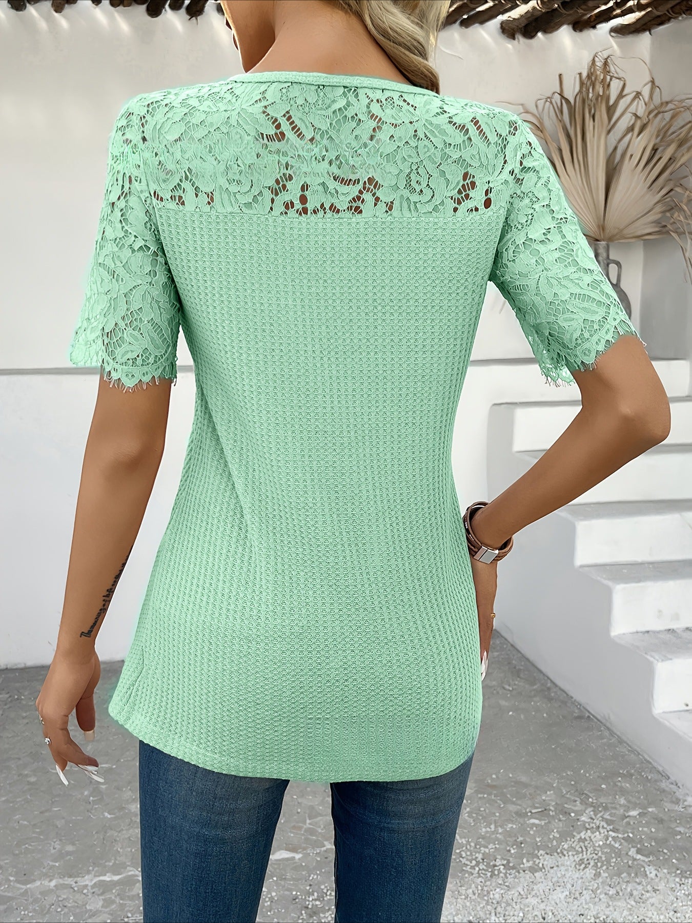 Solid Color Elegant Stylish Casual Short Sleeve V Neck Regular Tops
