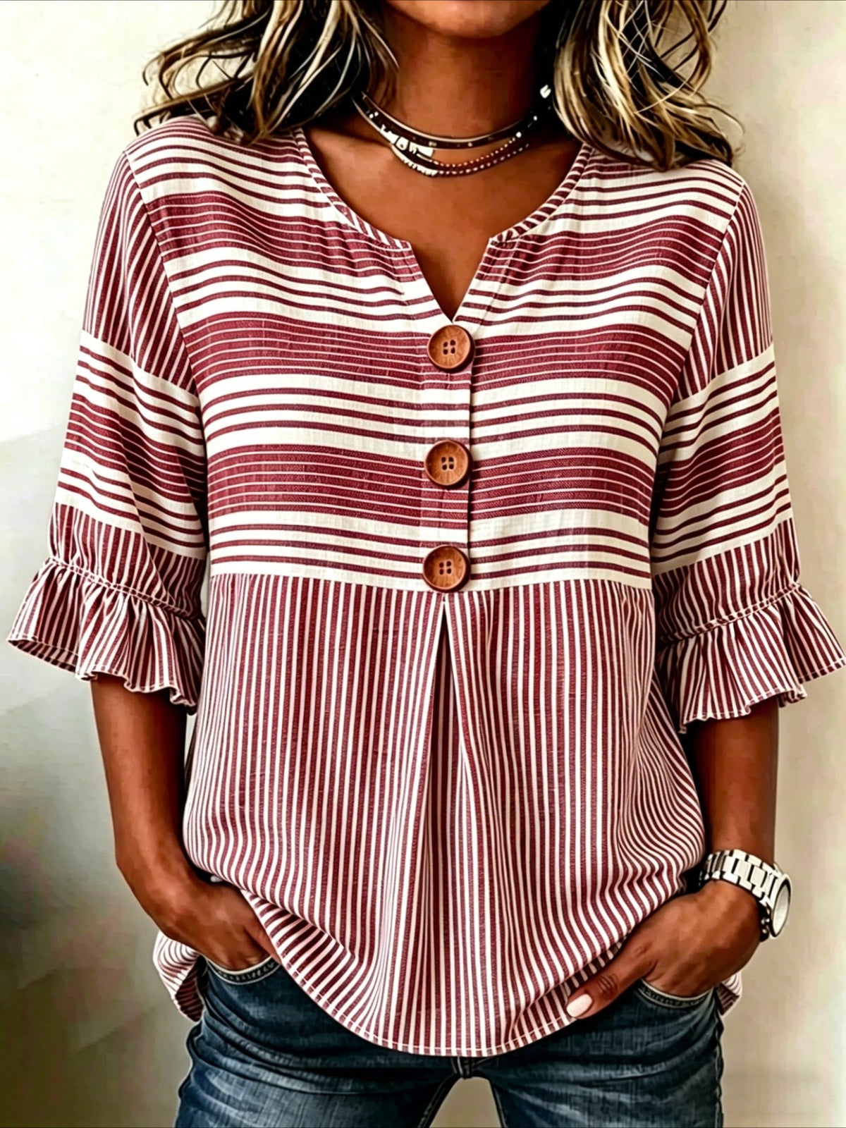 Striped Print V Neck Button Short Ruffle Sleeve Casual Top