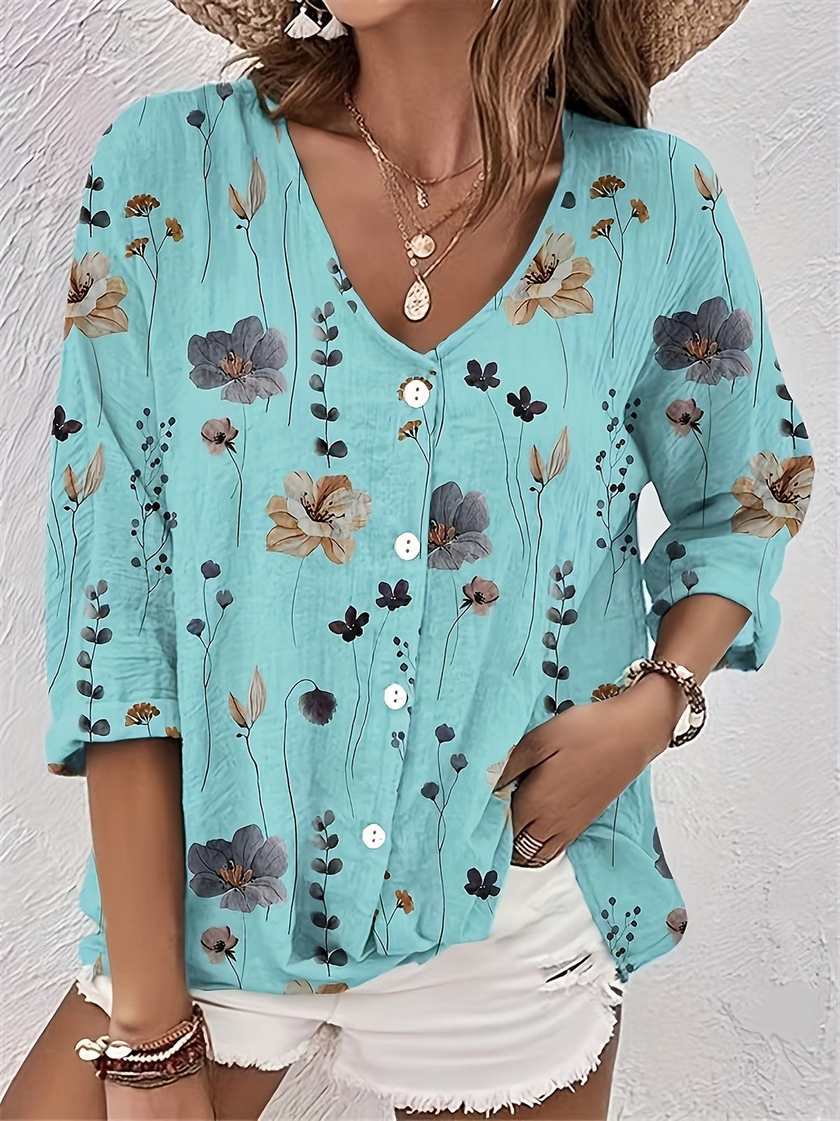 Women's Floral Print Button Up Half Sleeve V Neck Top