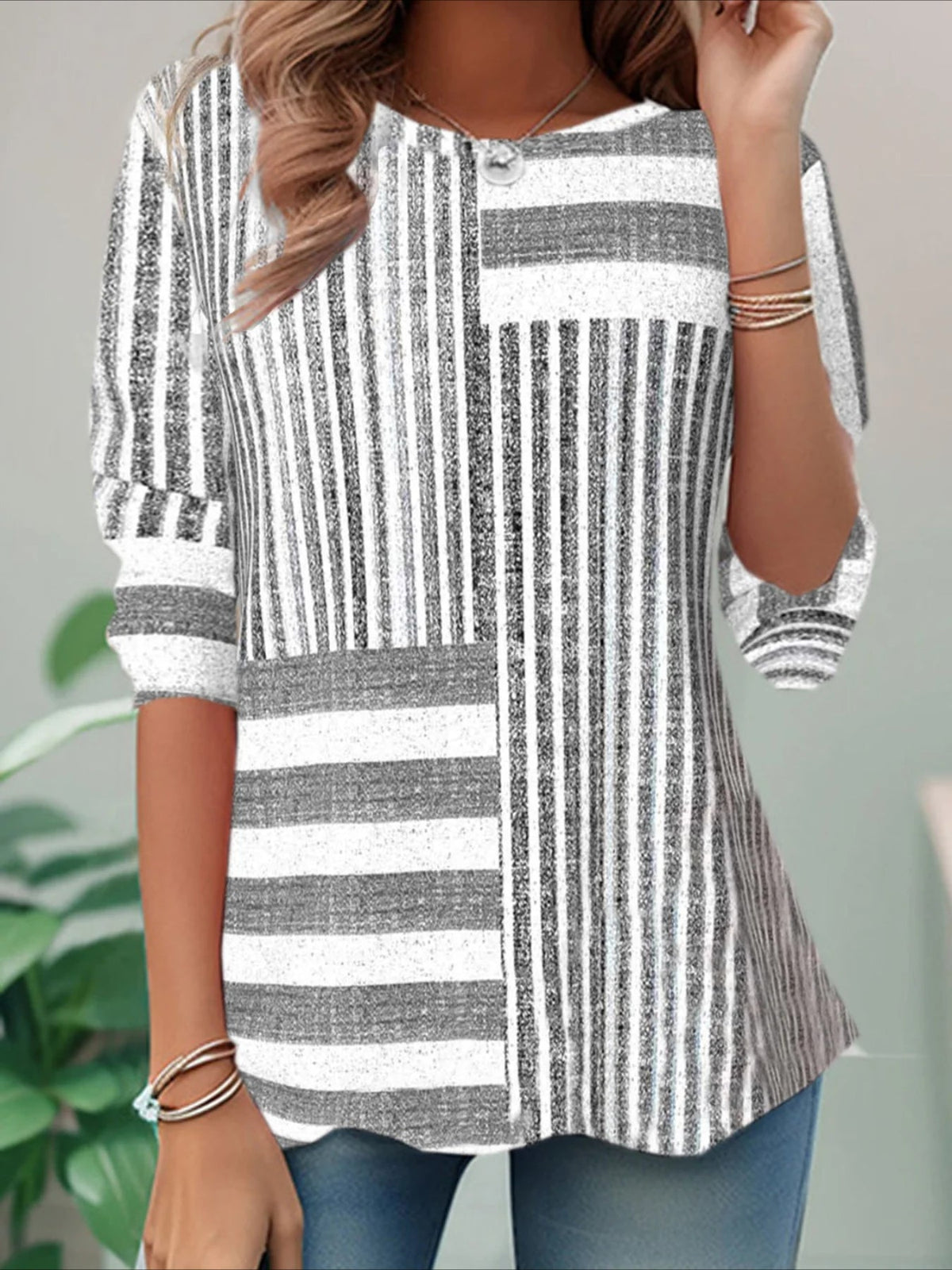 Elegant Color Block Print Crew Neck Long Sleeve T-Shirt