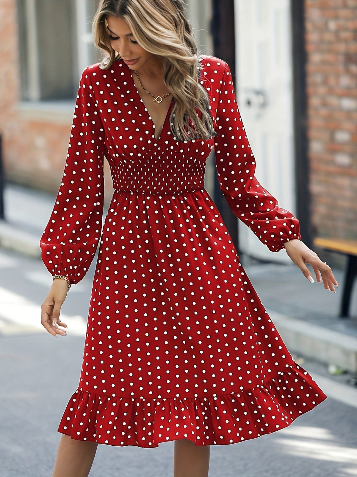 Retro V-neck Ruffle Dress, Polka Dot Print Long Sleeve Waist Loose Summer Dresses