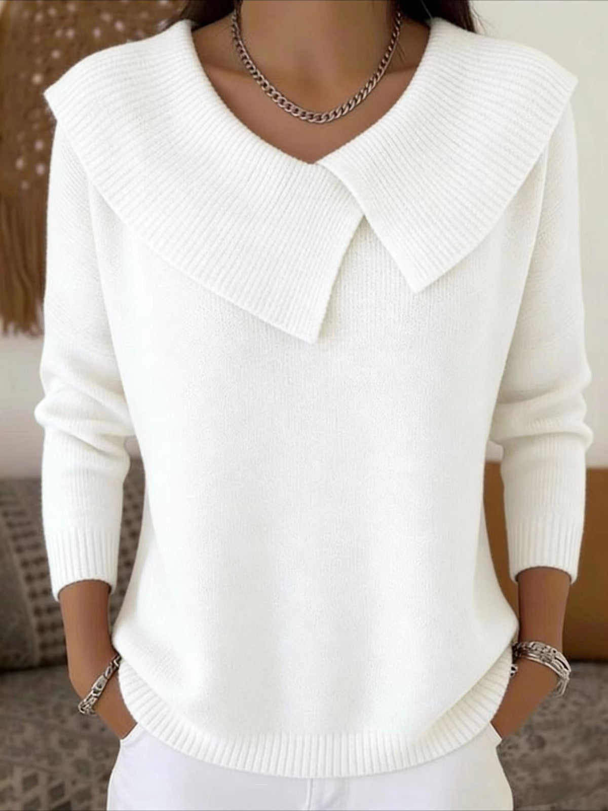 Solid Asymmetrical Lapel Color Long Sleeve Sweater
