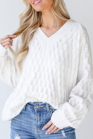 White Textured Knit Ribbed Edge V Neck Loose Sweater