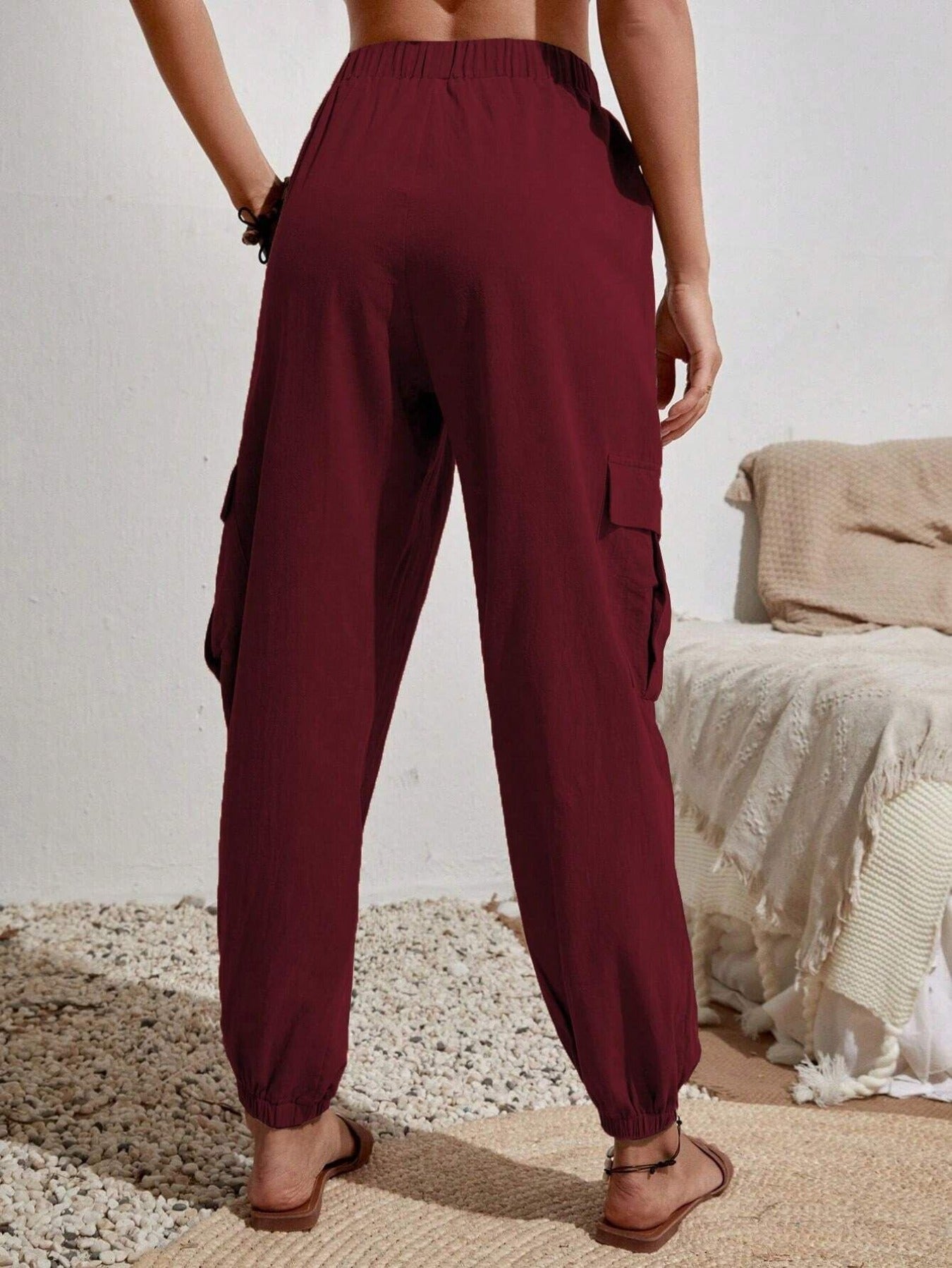 Solid Drawstring Pants, Casual Slant Pockets Cargo Pants