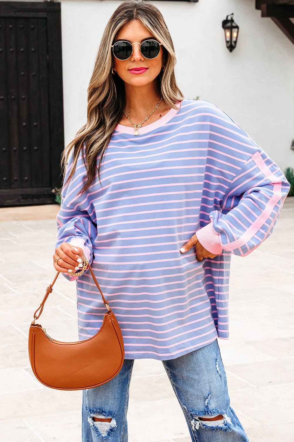 Sky Blue Stripe Oversize Contrast Trim Drop Shoulder Casual Top