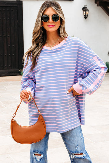 Sky Blue Stripe Oversize Contrast Trim Drop Shoulder Casual Top