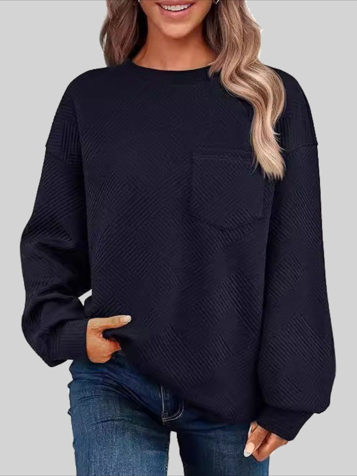Textured Fabrics Long Sleeve Round Neck Sweatshirt