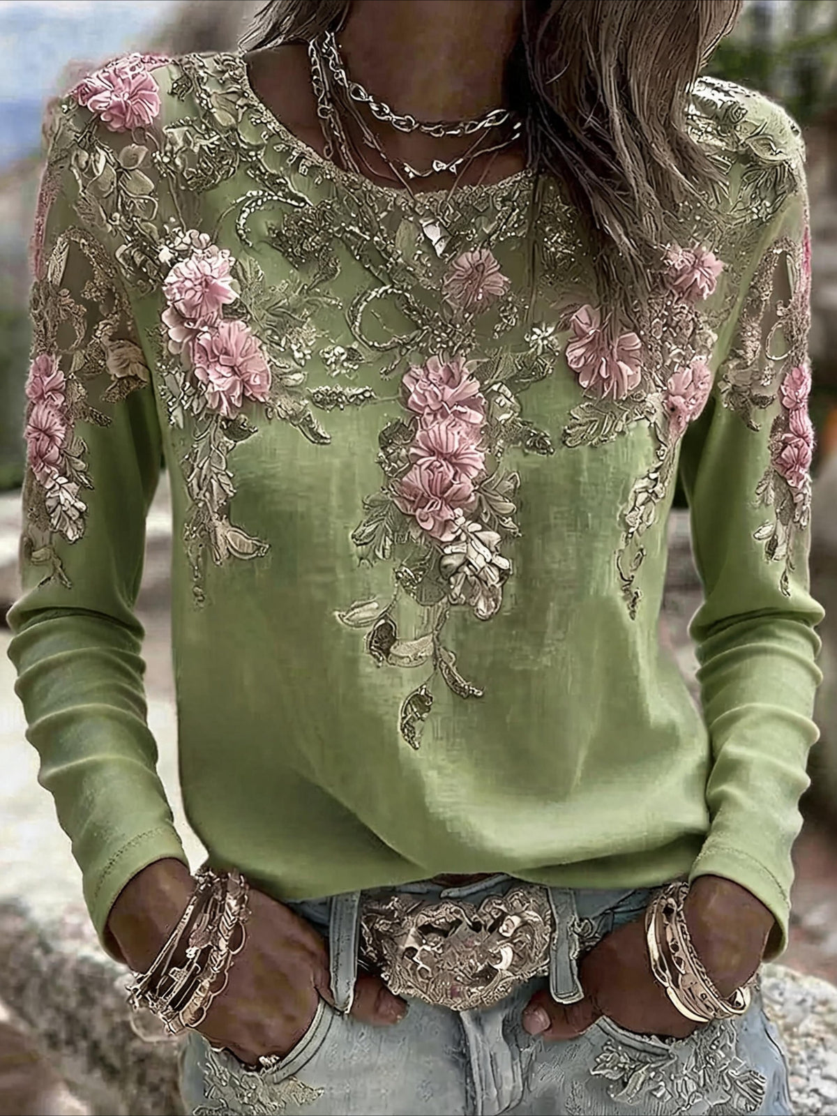 Floral Printing Jersey Crew Neck Long Sleeve T-shirt