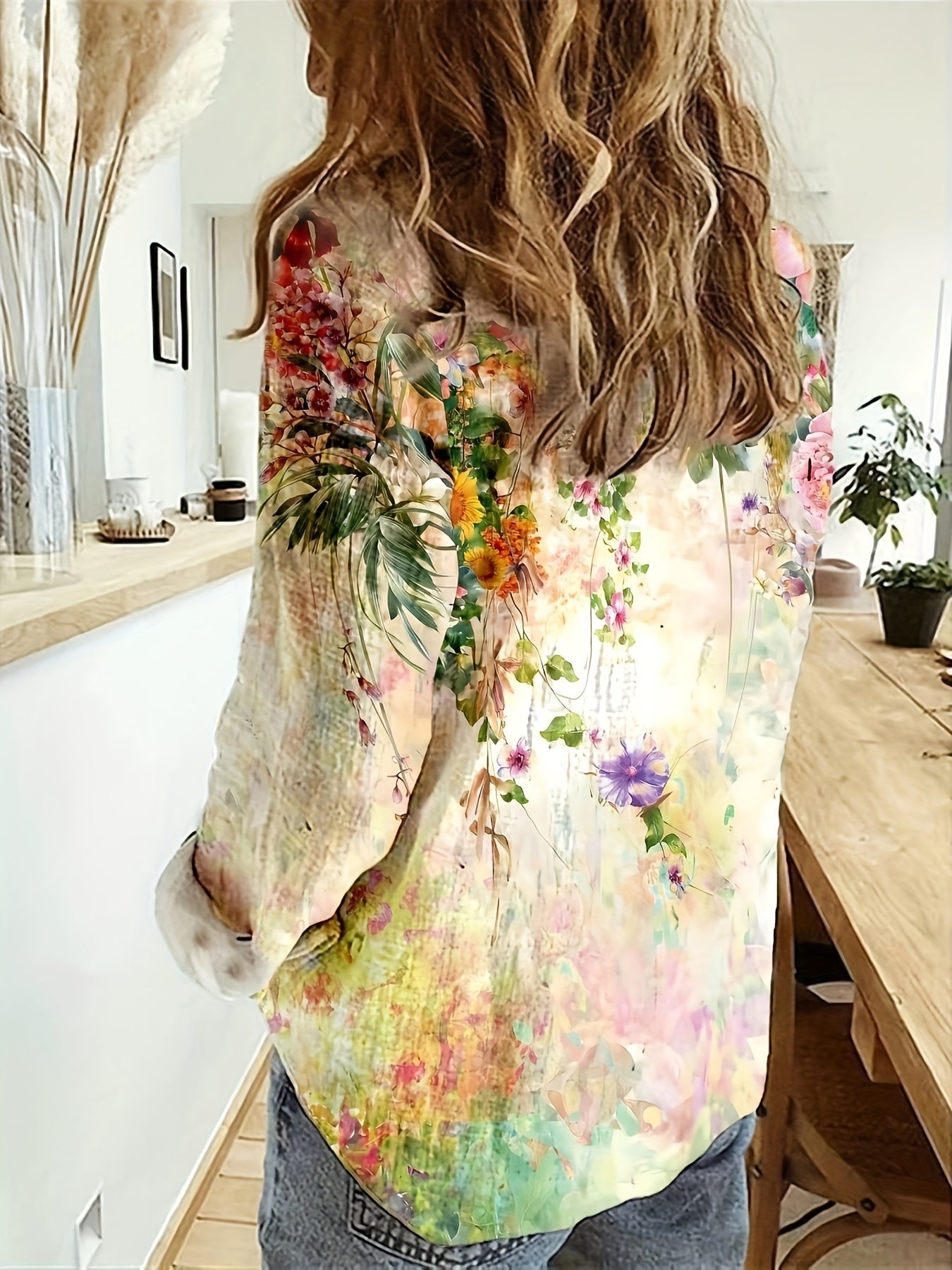 Casual Floral Print Blouse with Lapel Collar
