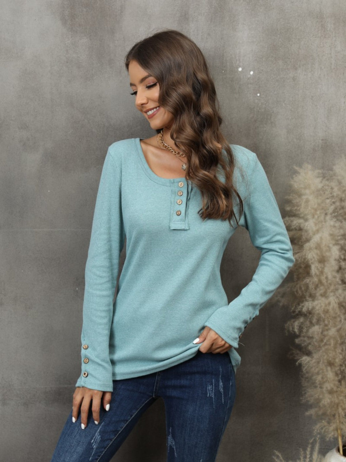 Casual Button Scoop Neck T-shirt, Loose Long Sleeve Slim Fit Fashion T-Shirts Tops