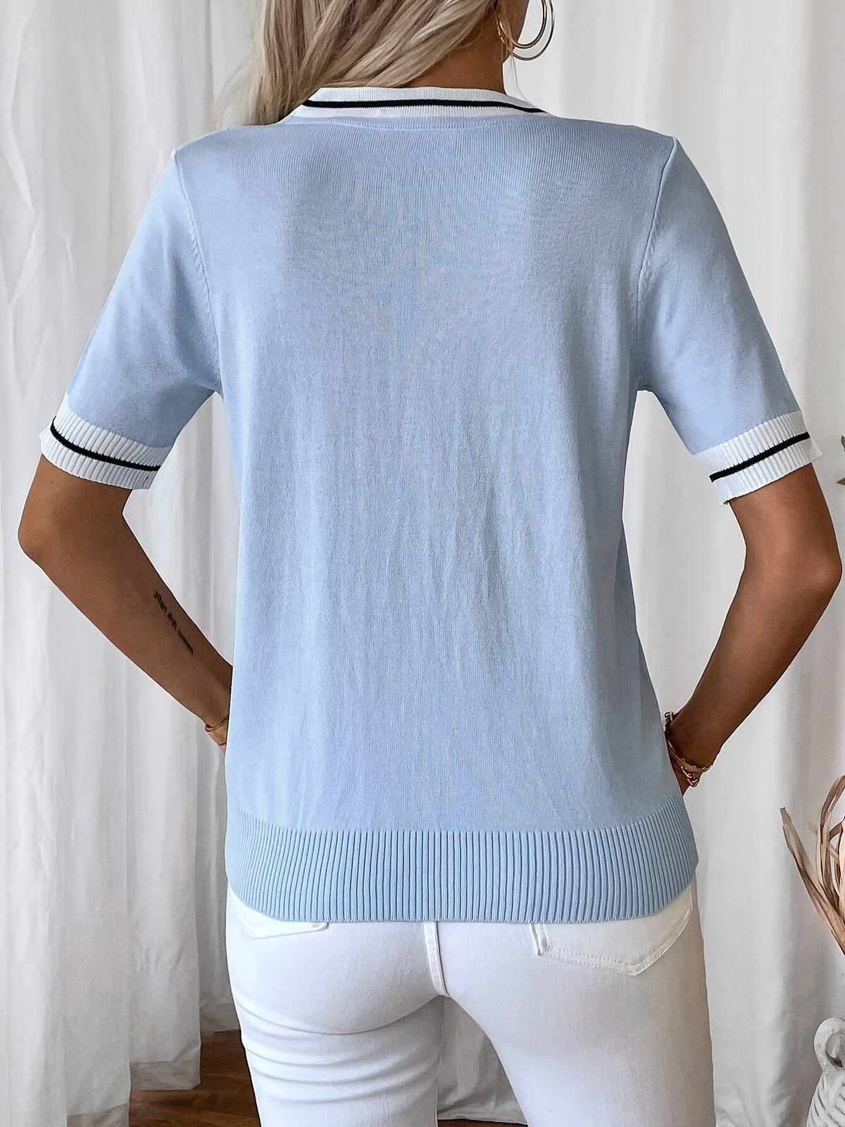 Color Block V-Neck Knit Elegant Short Sleeve Top