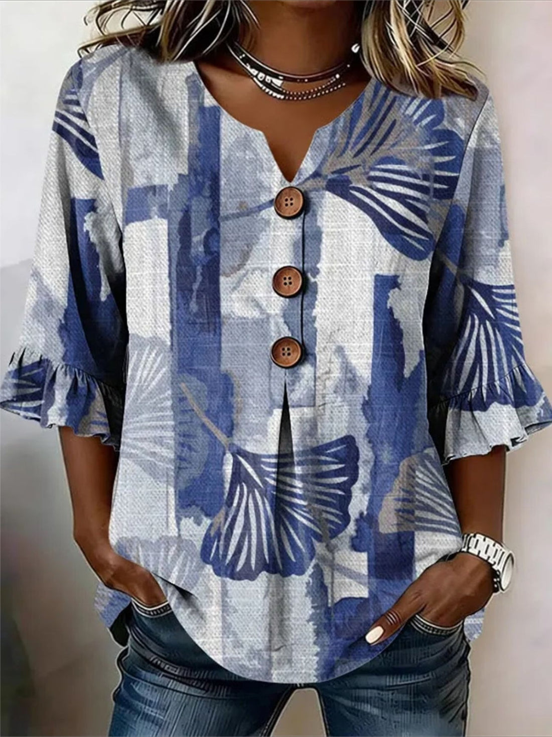 V Neck Button Short Ruffle Sleeve Casual Top