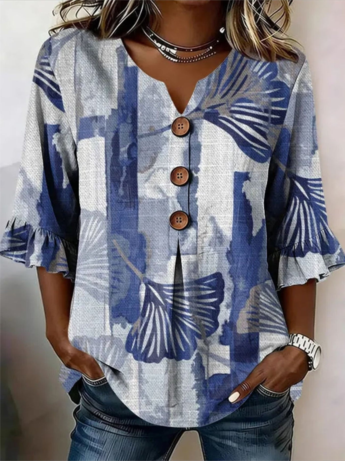 V Neck Button Short Ruffle Sleeve Casual Top