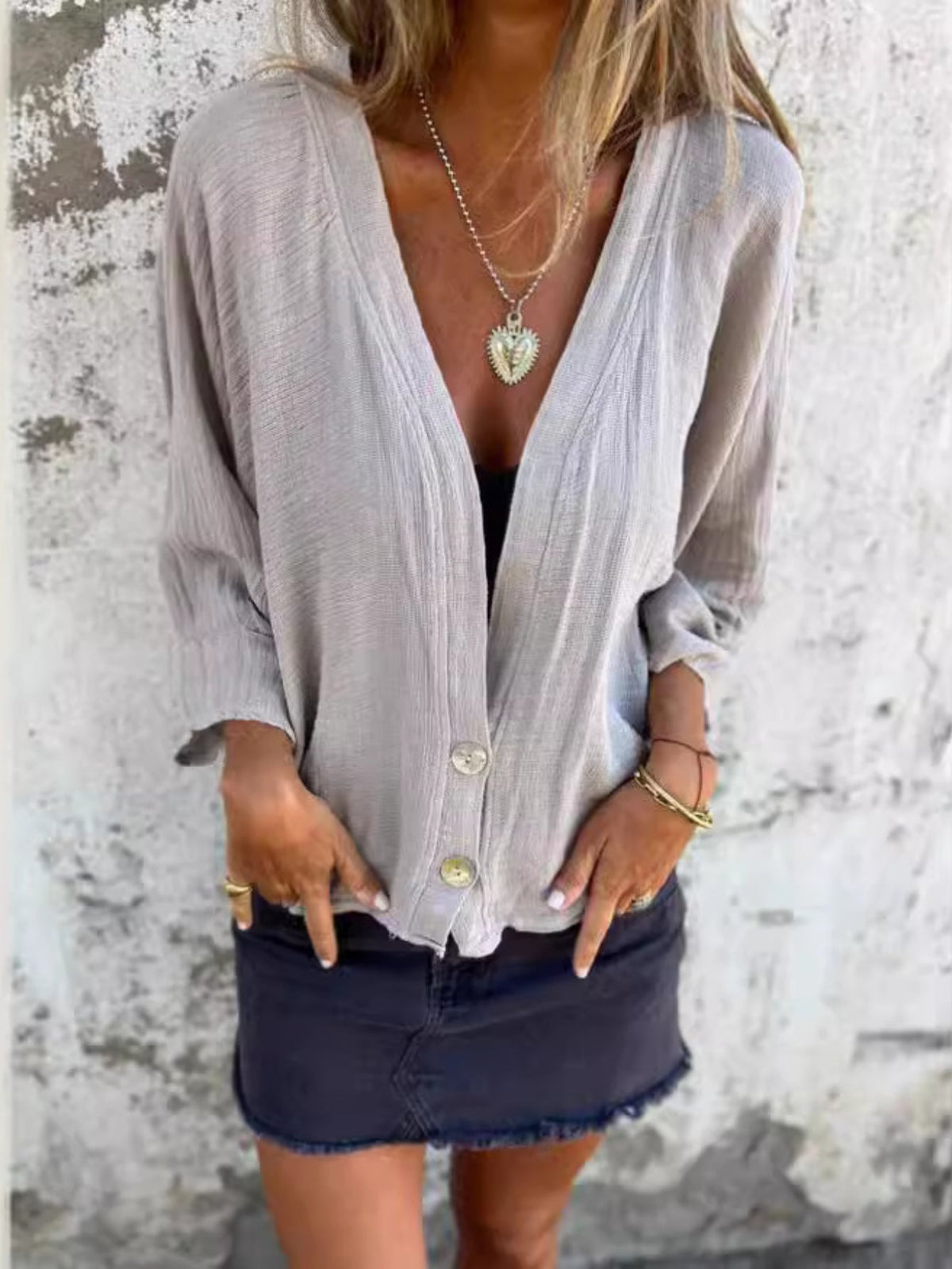 Casual Loose V Neck Buckle Blouse