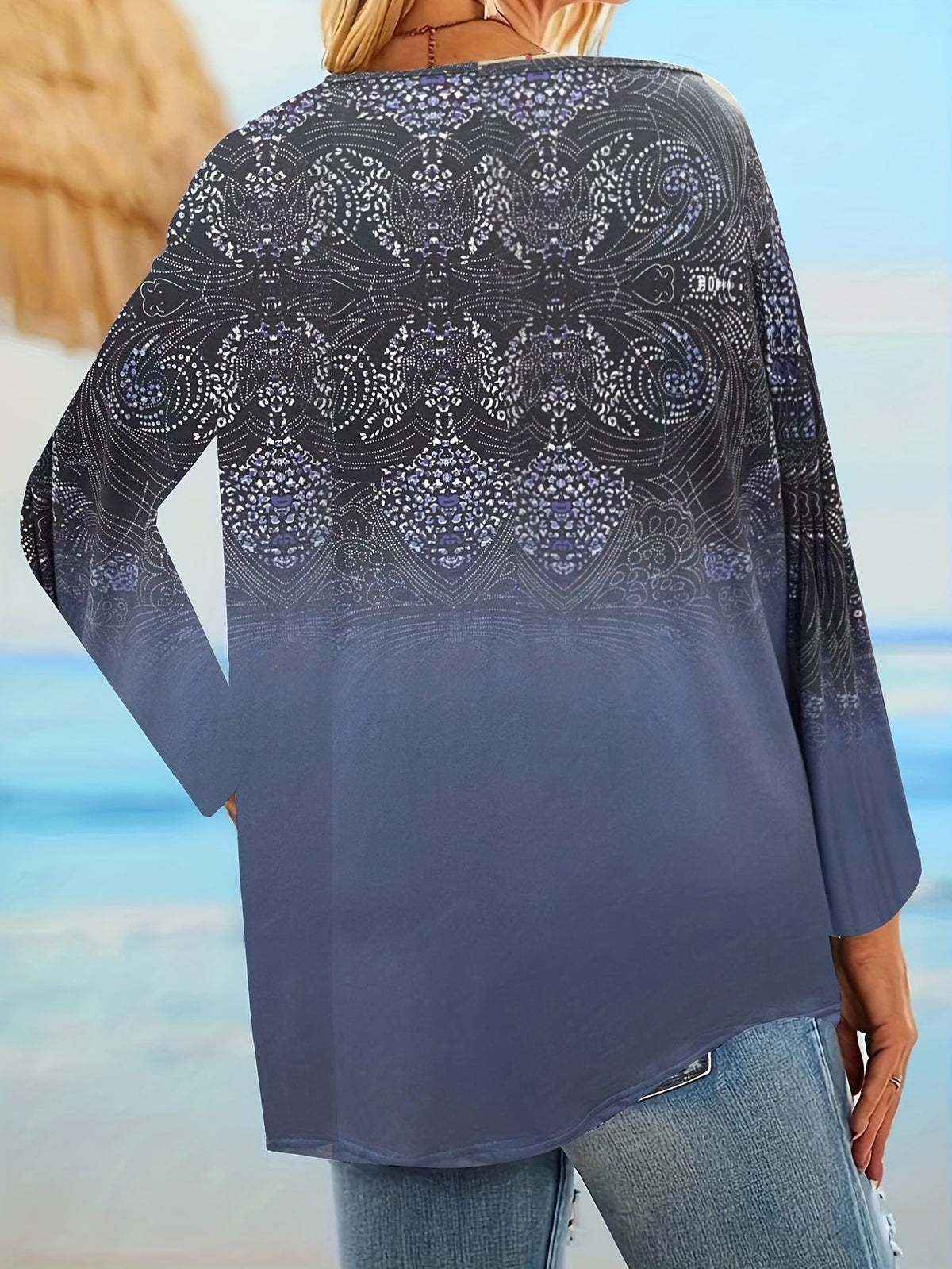 Casual Top, Women's Arabesque Print Long Sleeve Round Neck Henley Top
