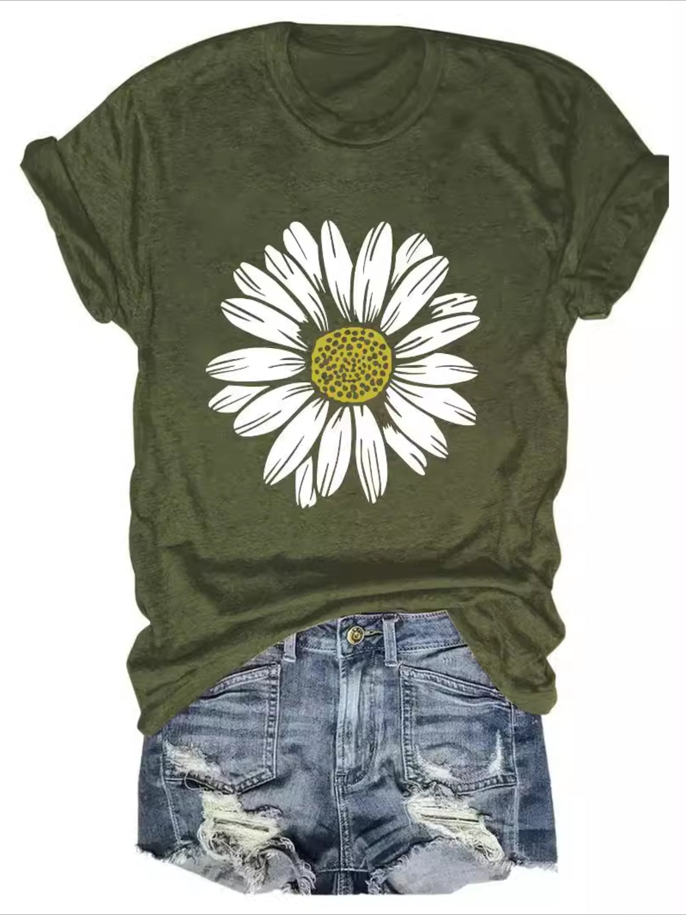 Daisy Flower Print Crew Neck Short Sleeve T-Shirt
