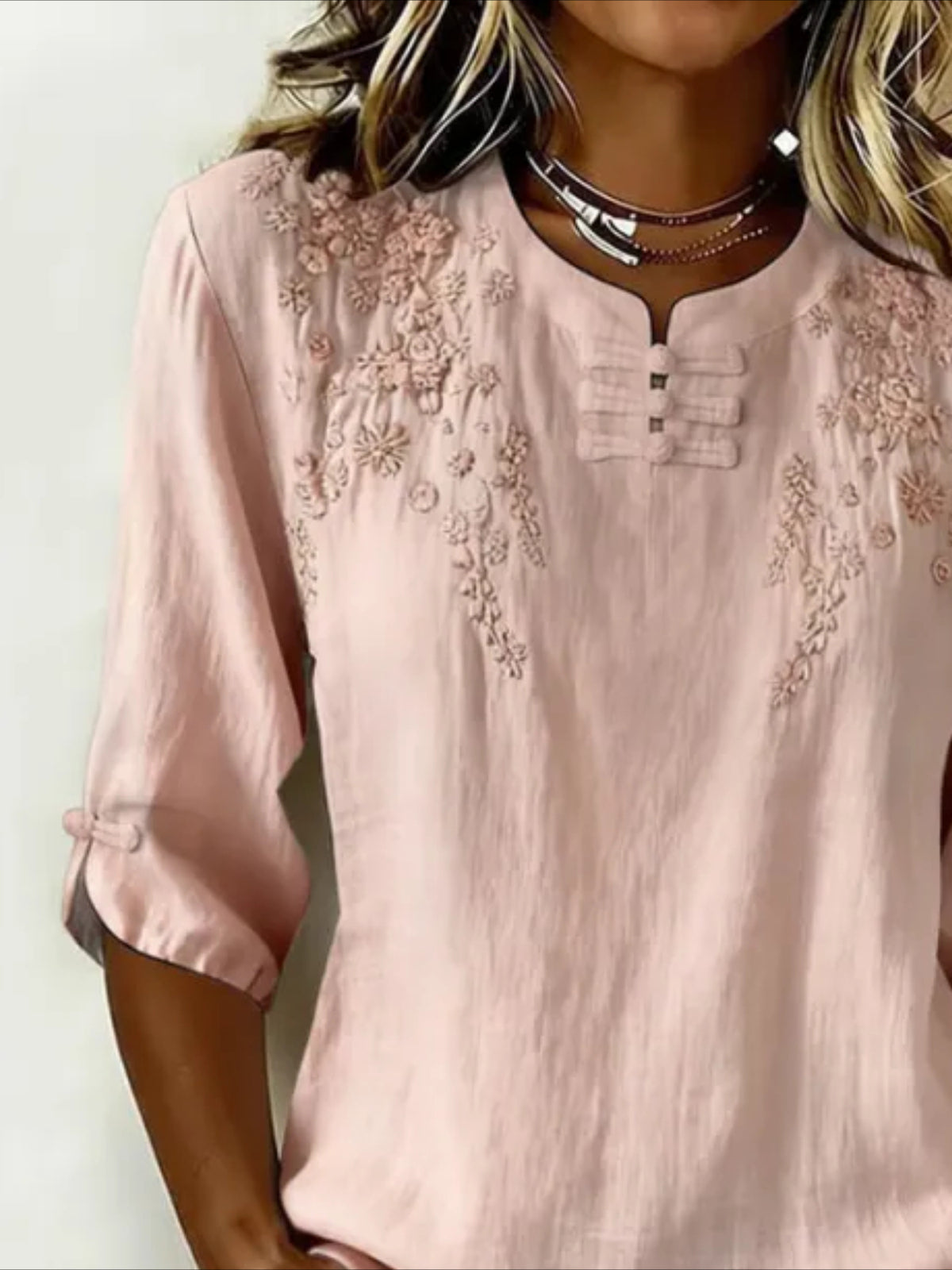 Half Sleeve Floral Buckle Mandarin Collar Blouse