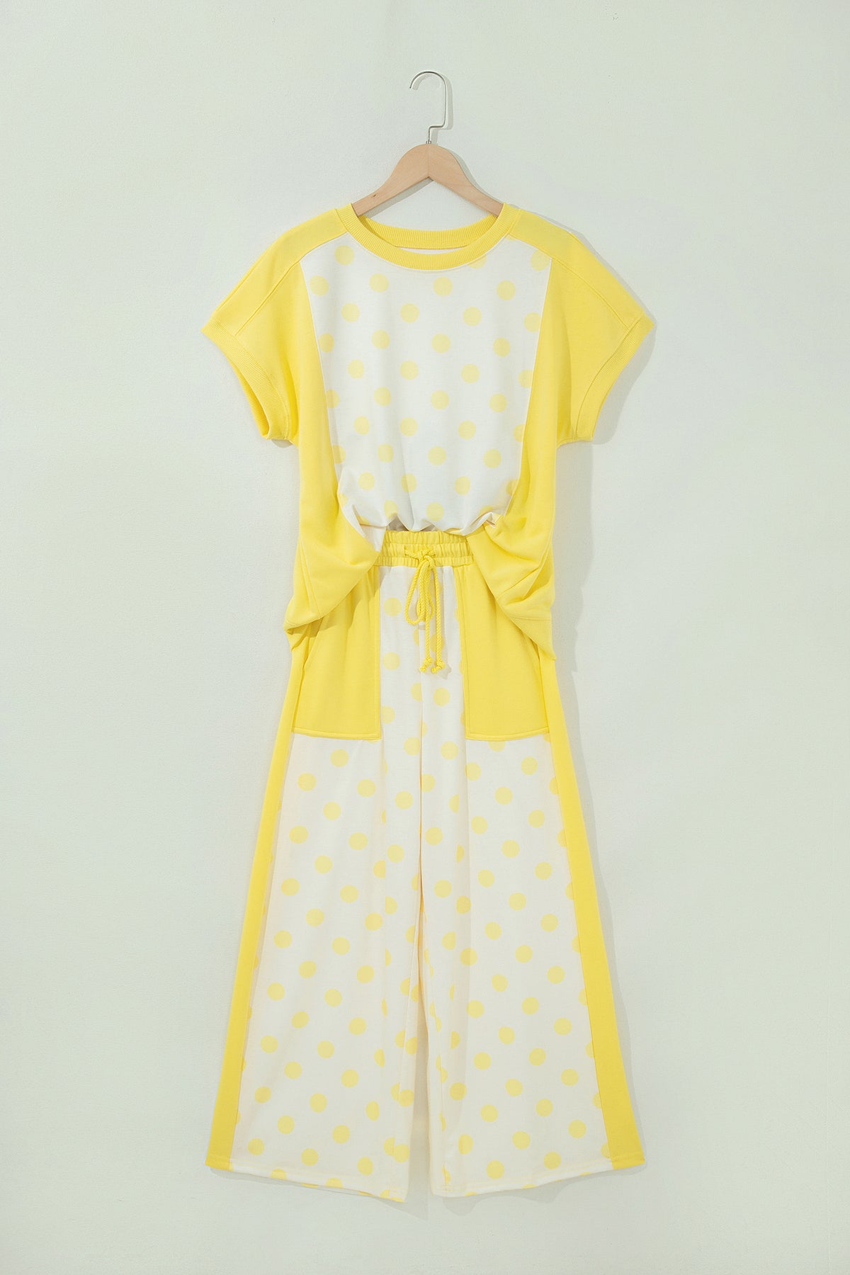 Yellow Color Block Patchwork Polka Dot Wide Leg Pant Set