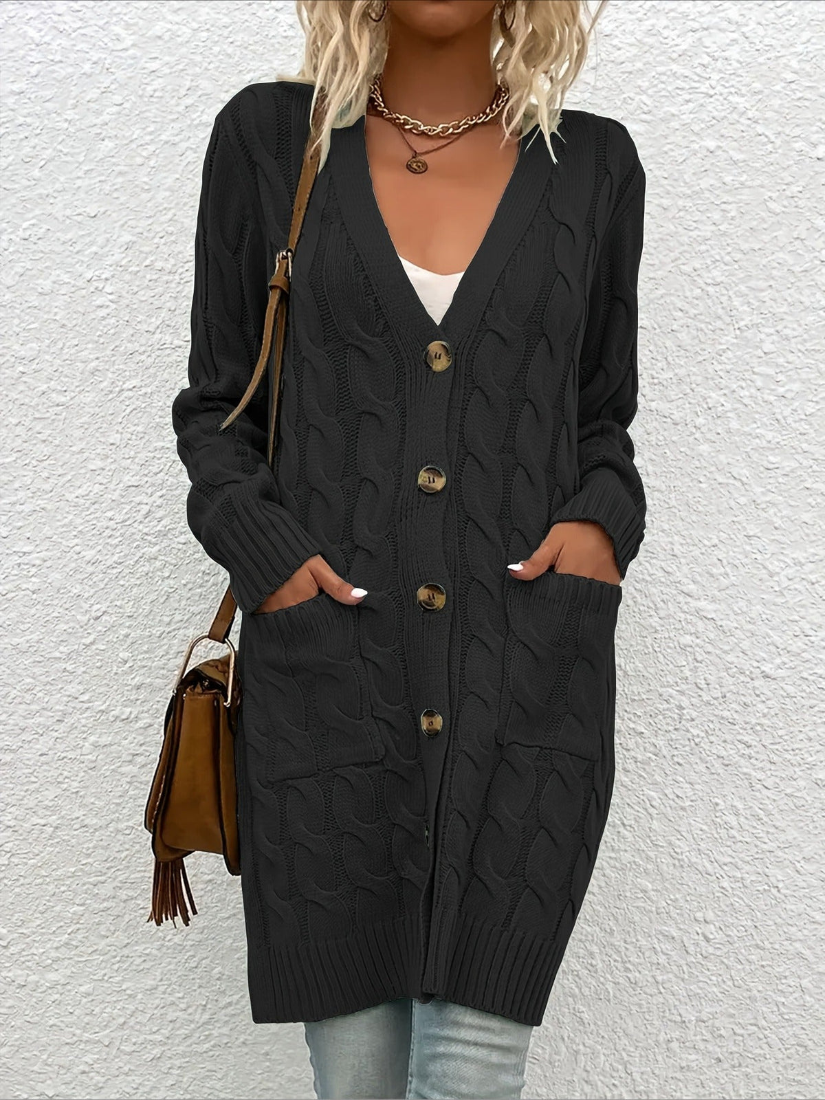 Elegant Long Nylon Soft Warm V-Neck Long Sleeves Sweater with Button Front