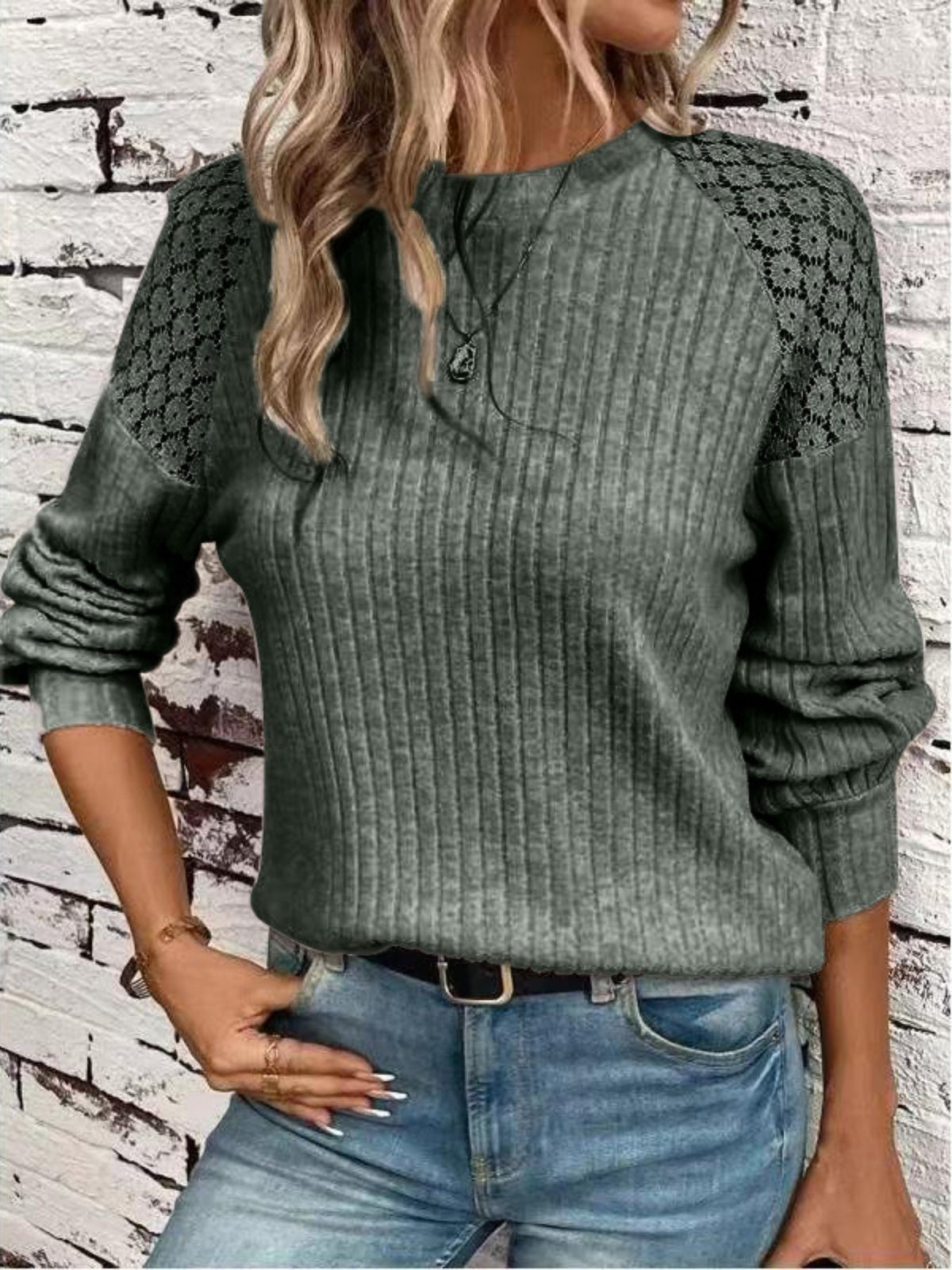 Lace Panel Ribbed Knit T-Shirt, Casual Crew Neck Long Sleeve T-Shirt