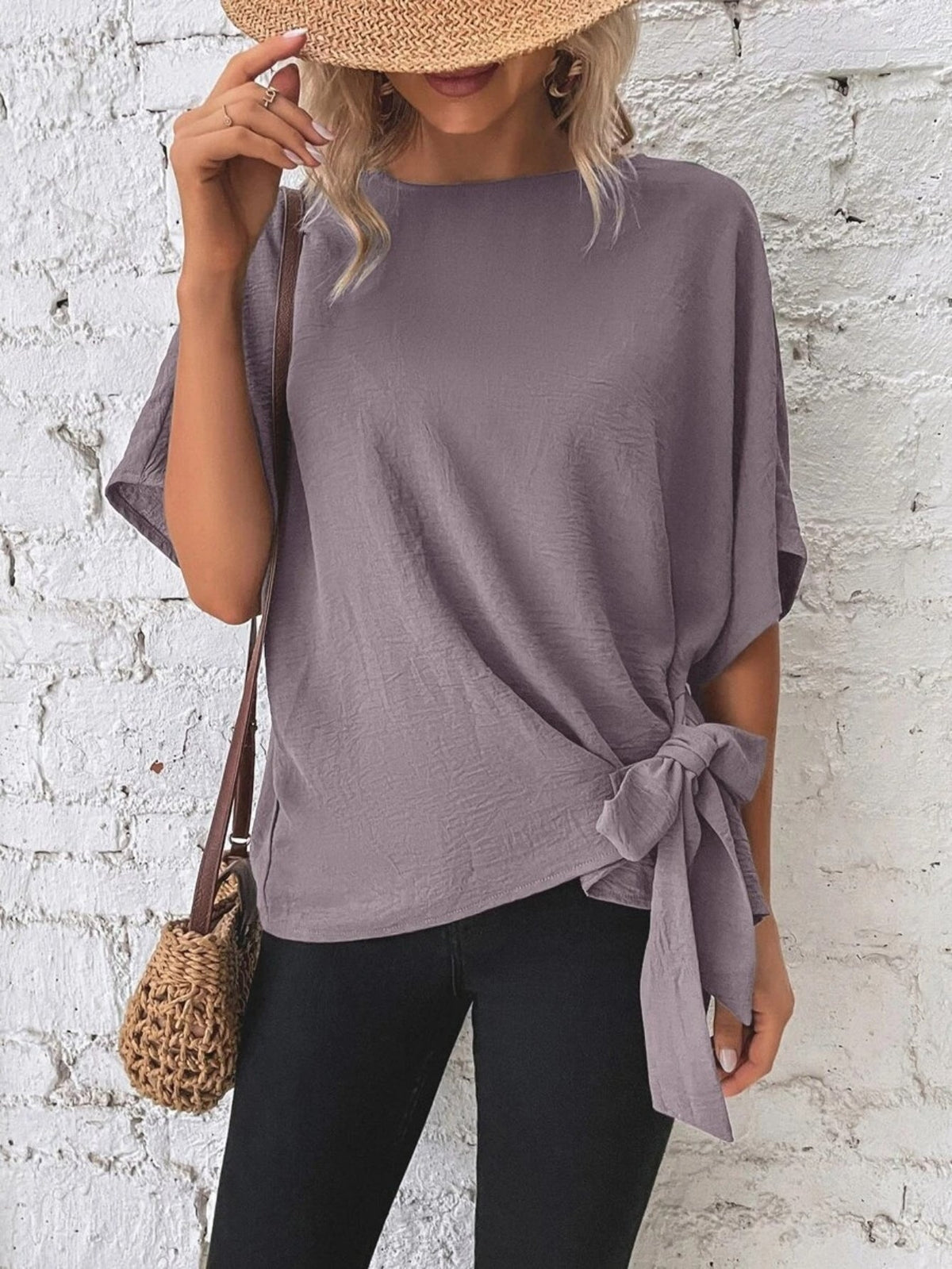 Stylish Solid Knotted Blouse - Comfortable Casual Crew Neck Asymmetrical Top