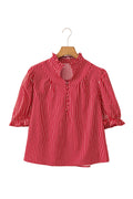 Red Stripe Ruffled Short Puff Sleeve Button Front Blouse