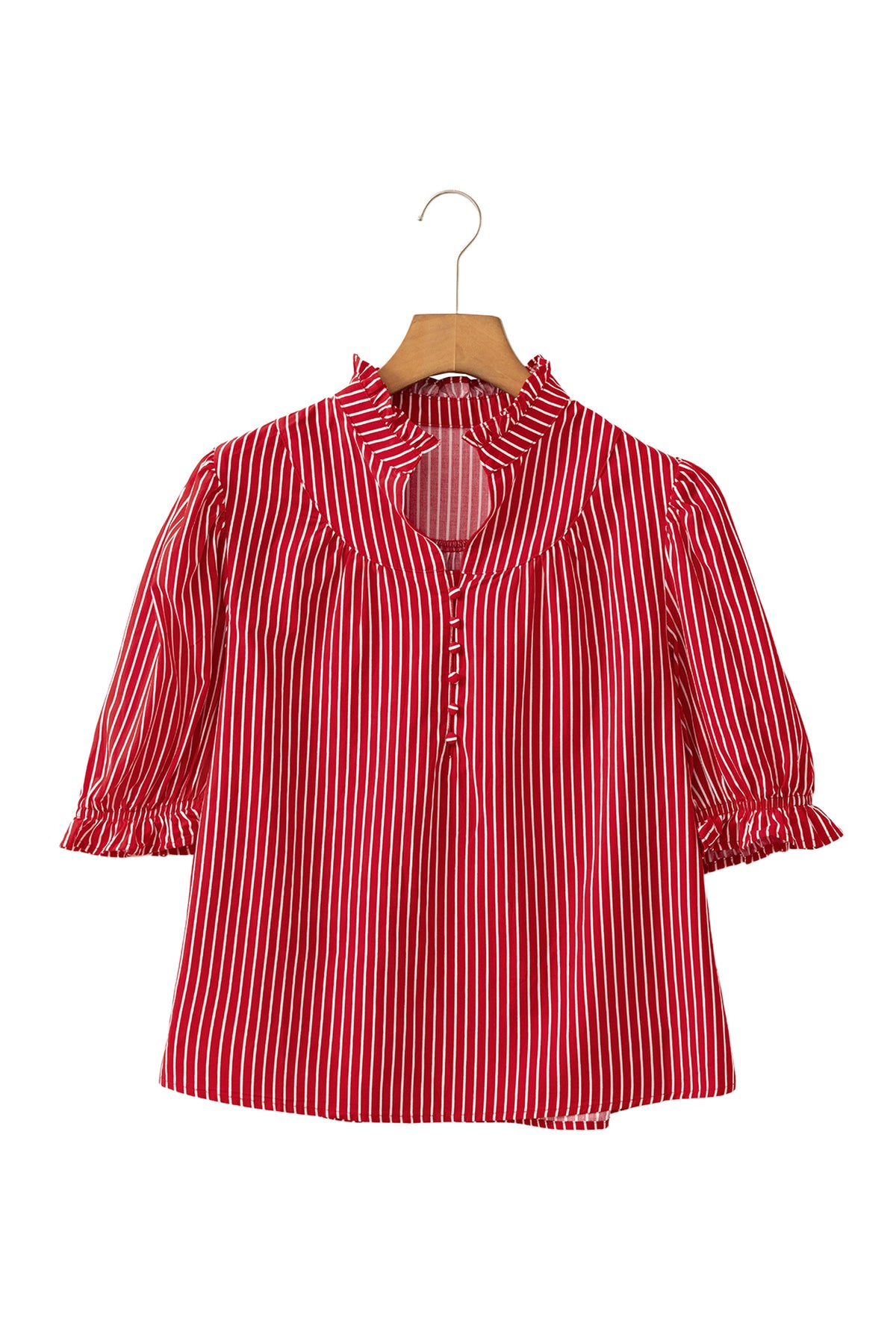 Red Stripe Ruffled Short Puff Sleeve Button Front Blouse