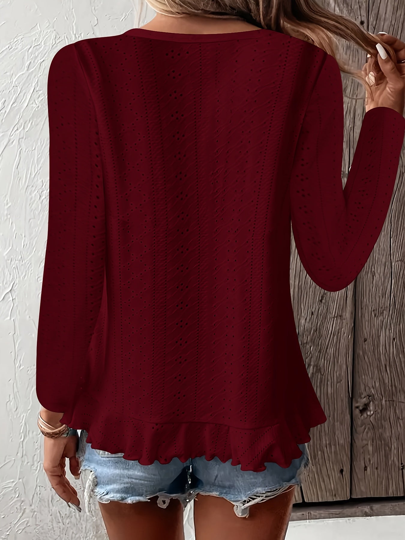 Stylish Asymmetrical Ruffle Hem Long Sleeve Top - Elegant Embroidered Solid Clothing