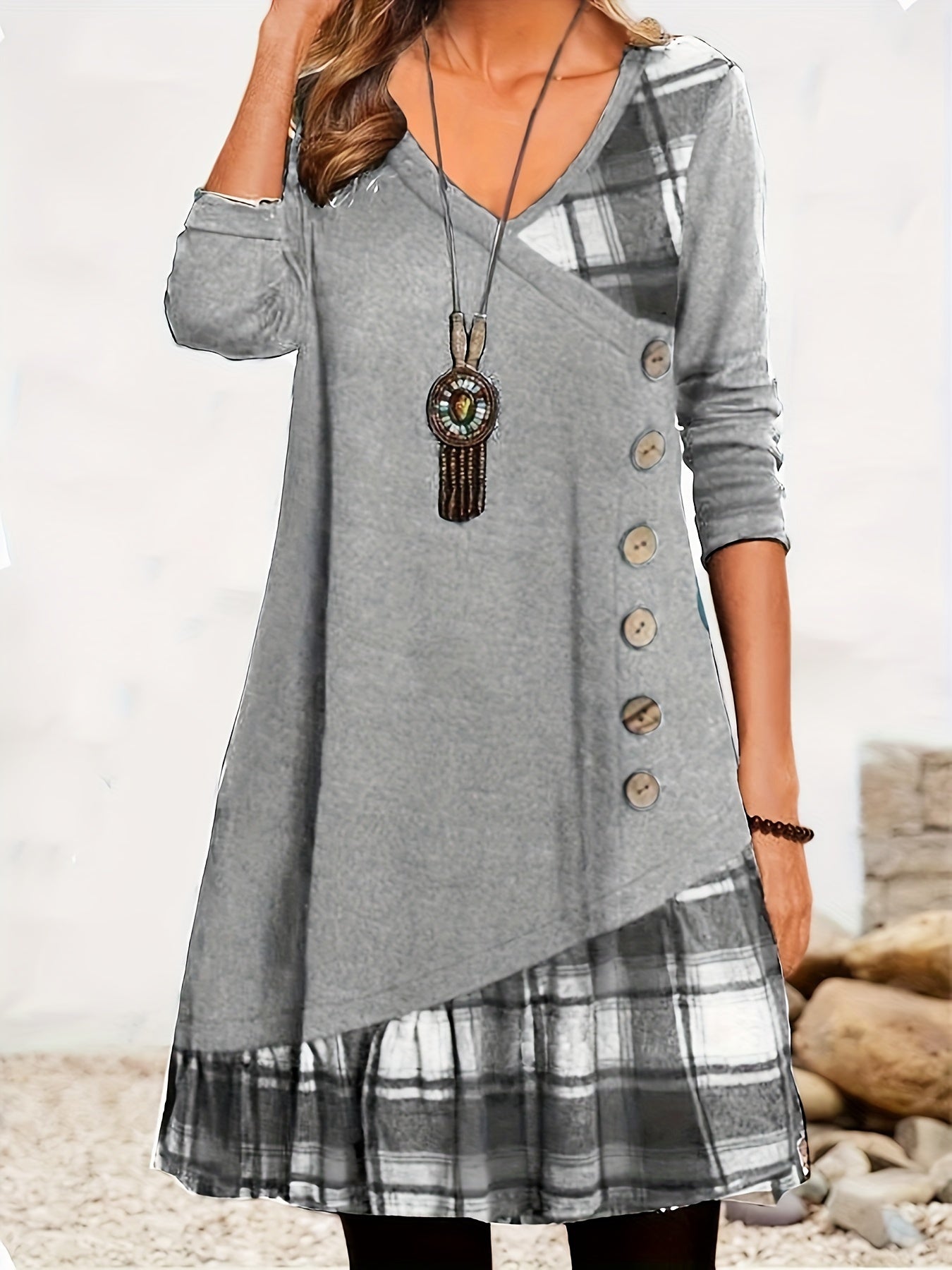 Stylish Plaid Patchwork Dress - Women's Casual Long Sleeve V Neck Ruched Asymmetrical Dresses with Button Detail