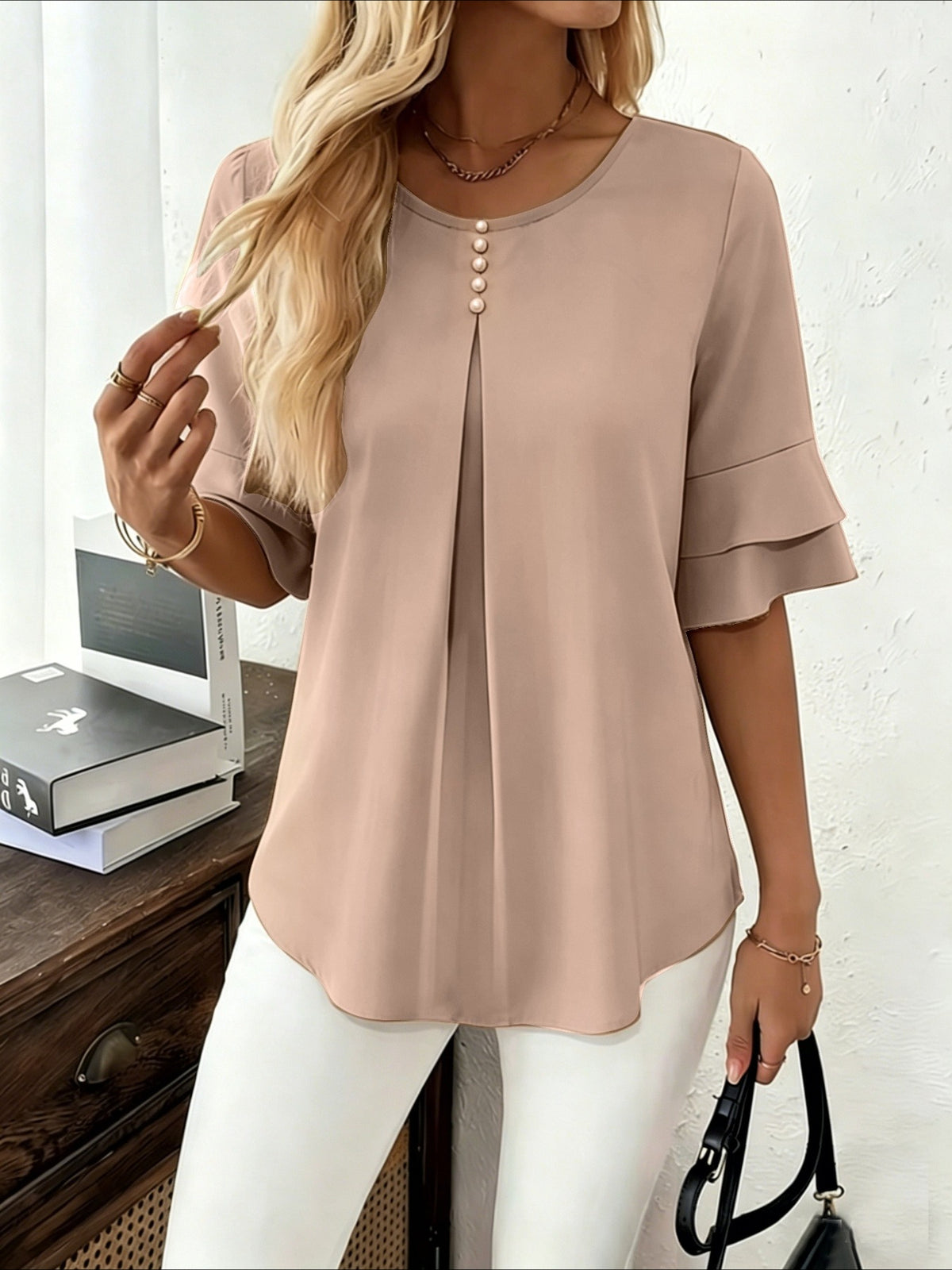 Elegant Fashion Summer Loose Solid Round Neck Button-Up Shirt Flared Sleeve Ruffle Top