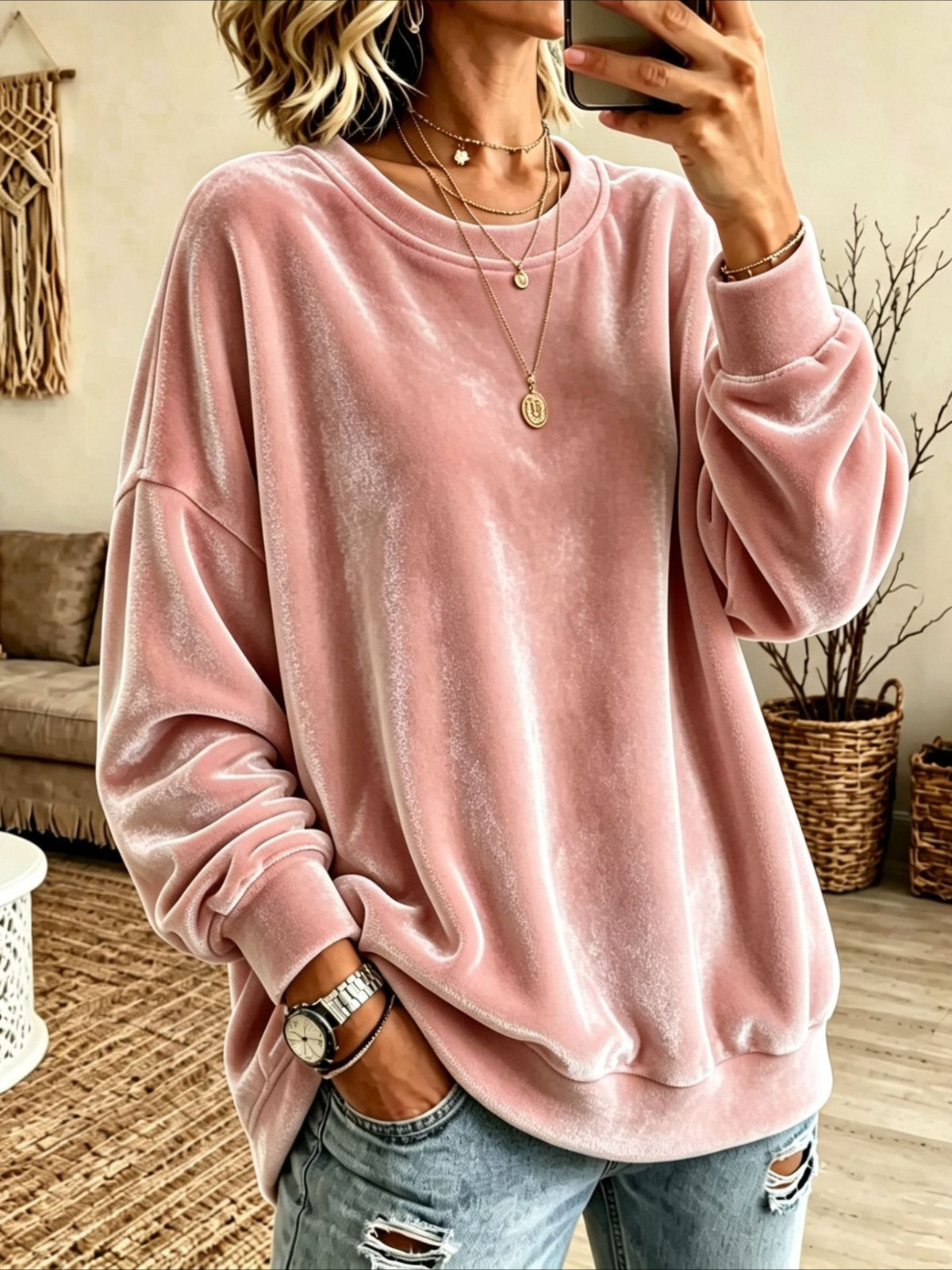 Crew Neck Drop Shoulder Velvet Sweatshirt