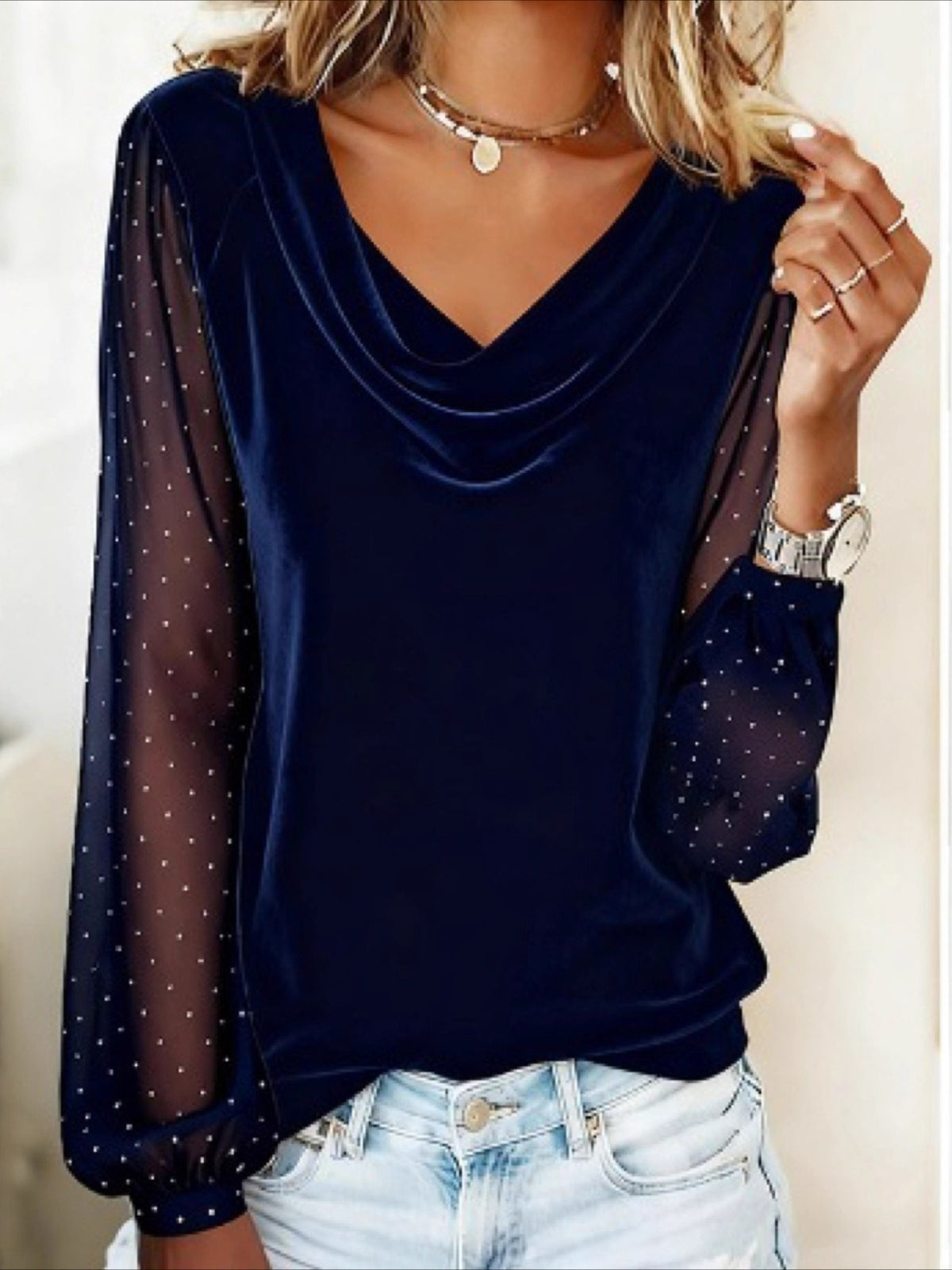 Polka Dots Long Sleeve Tee T-shirt V Neck Printing Casual Spring/Fall Top