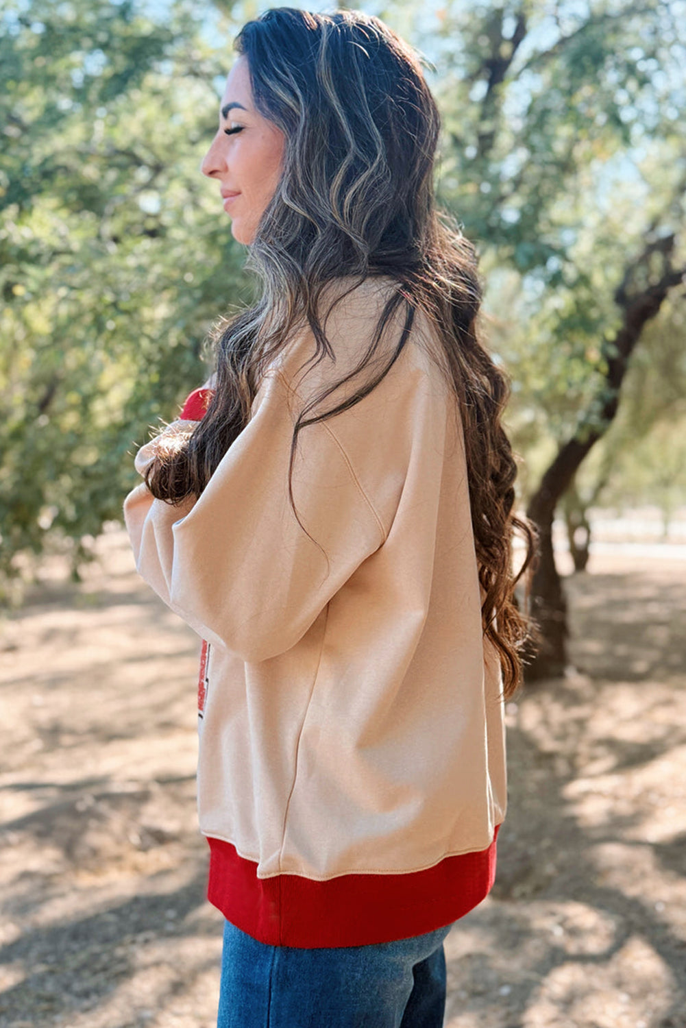 Oatmeal GAME DAY Letter Graphic Varsity Striped Detail Baggy Sweatshirt