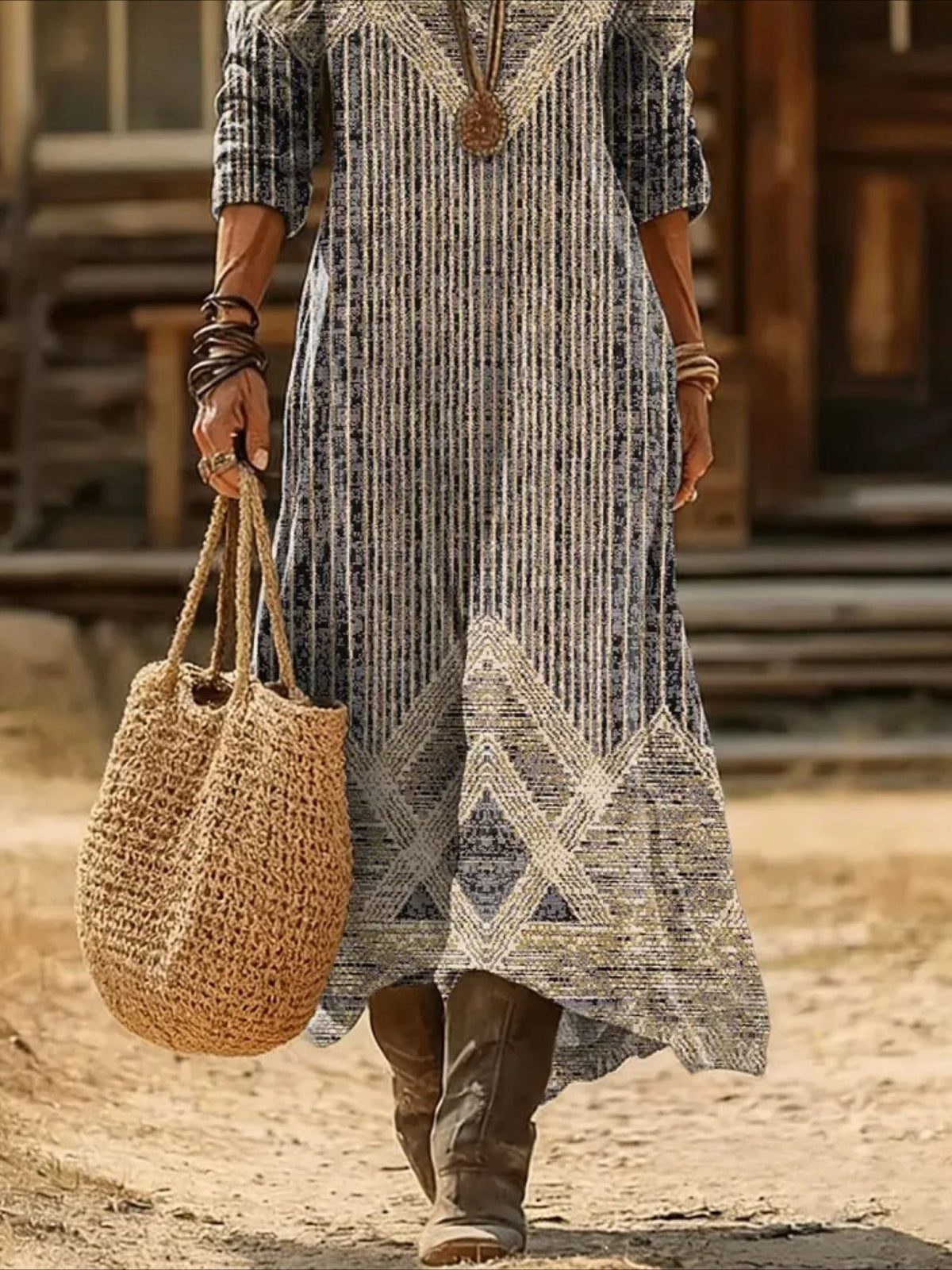Vintage Ethnic Floral Digital Print Long Sleeve Dress
