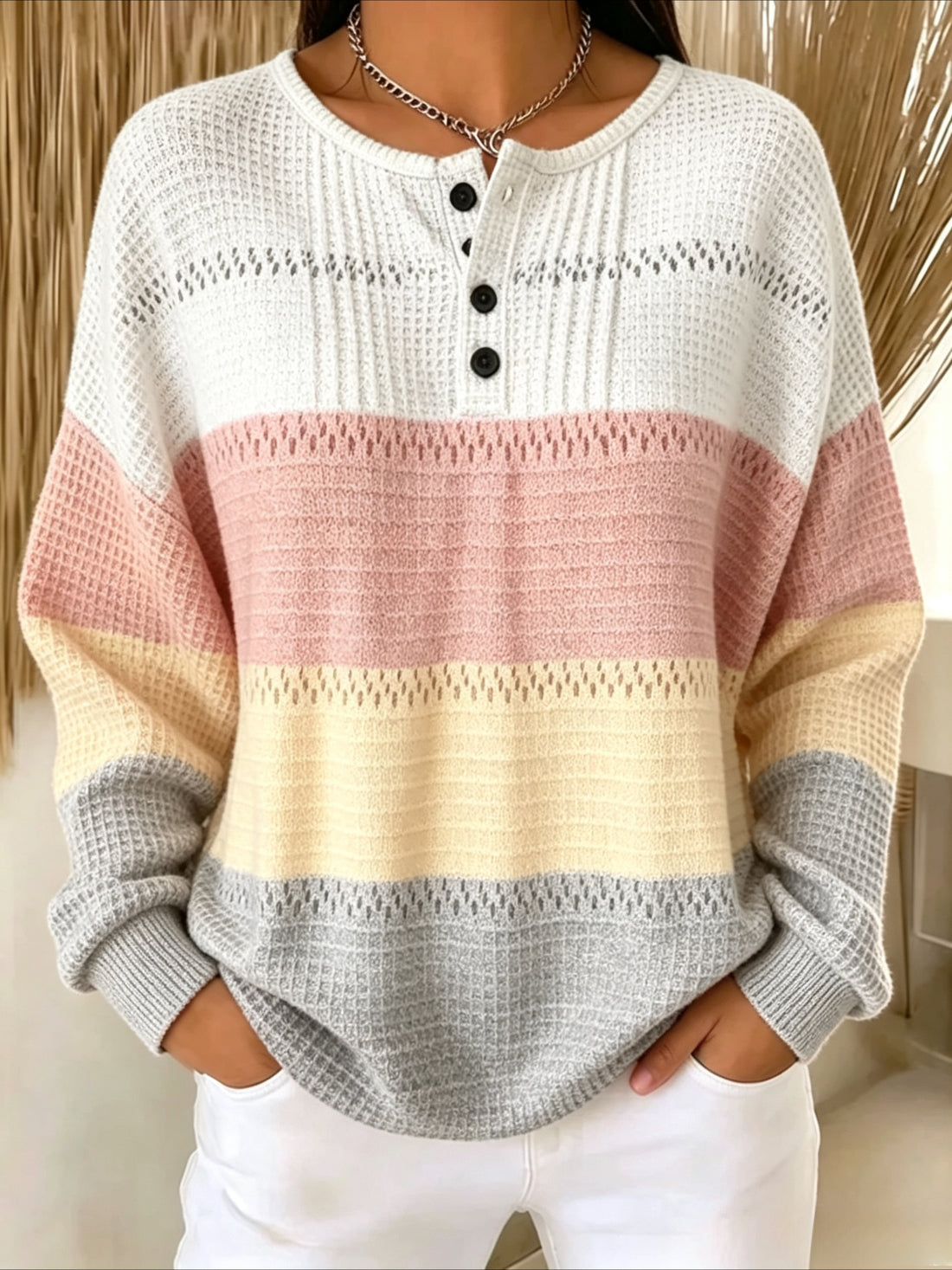 Pullover Loose 4 Button Minimalist Geometric Top