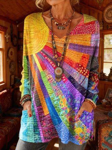 Long Sleeve Spring/Fall Floral Printing V Neck Daily Going Out Vintage Top