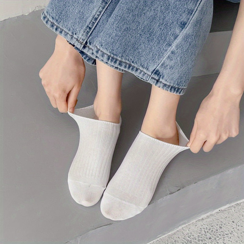 5 Pairs Solid Ribbed Socks, Casual & Comfy All-match Ankle Socks