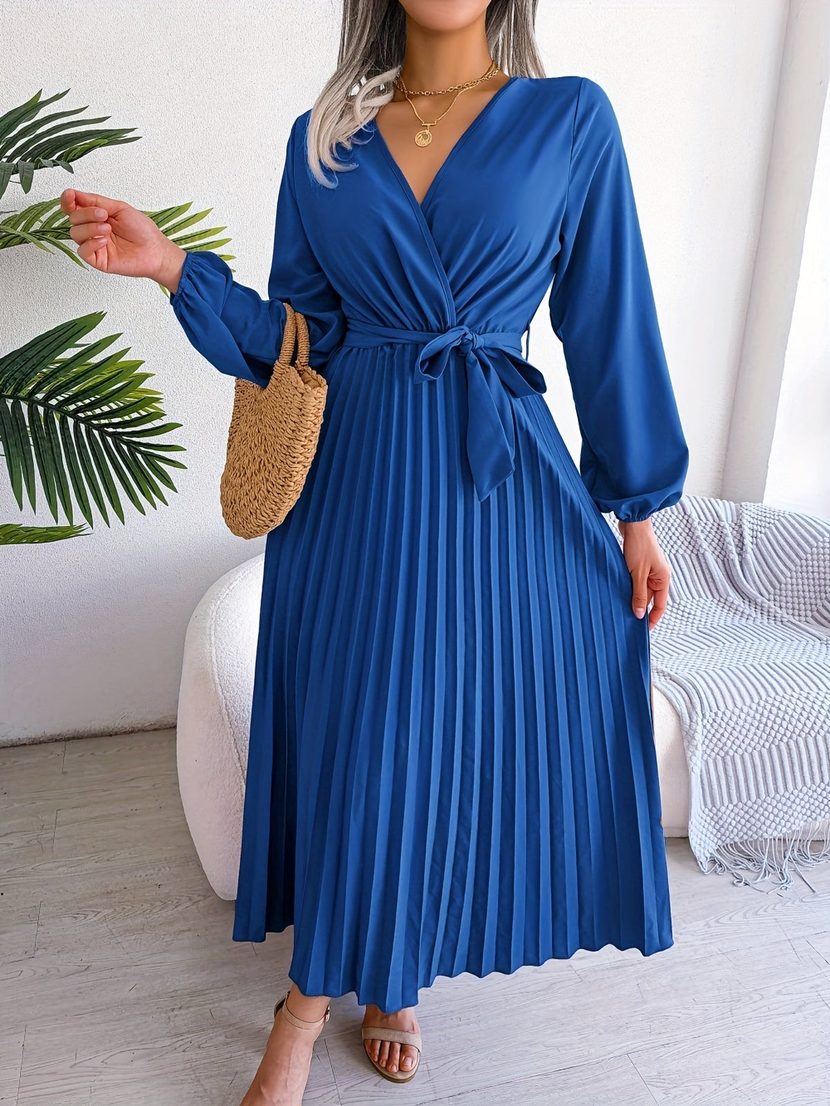 Pleated Surplice Neck Dress, Elegant Long Sleeve Solid Dress, Women's Clothing