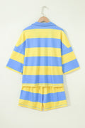 Yellow Stripe Half Zipper Placket Bracelet Sleeve Top Casual Shorts Set