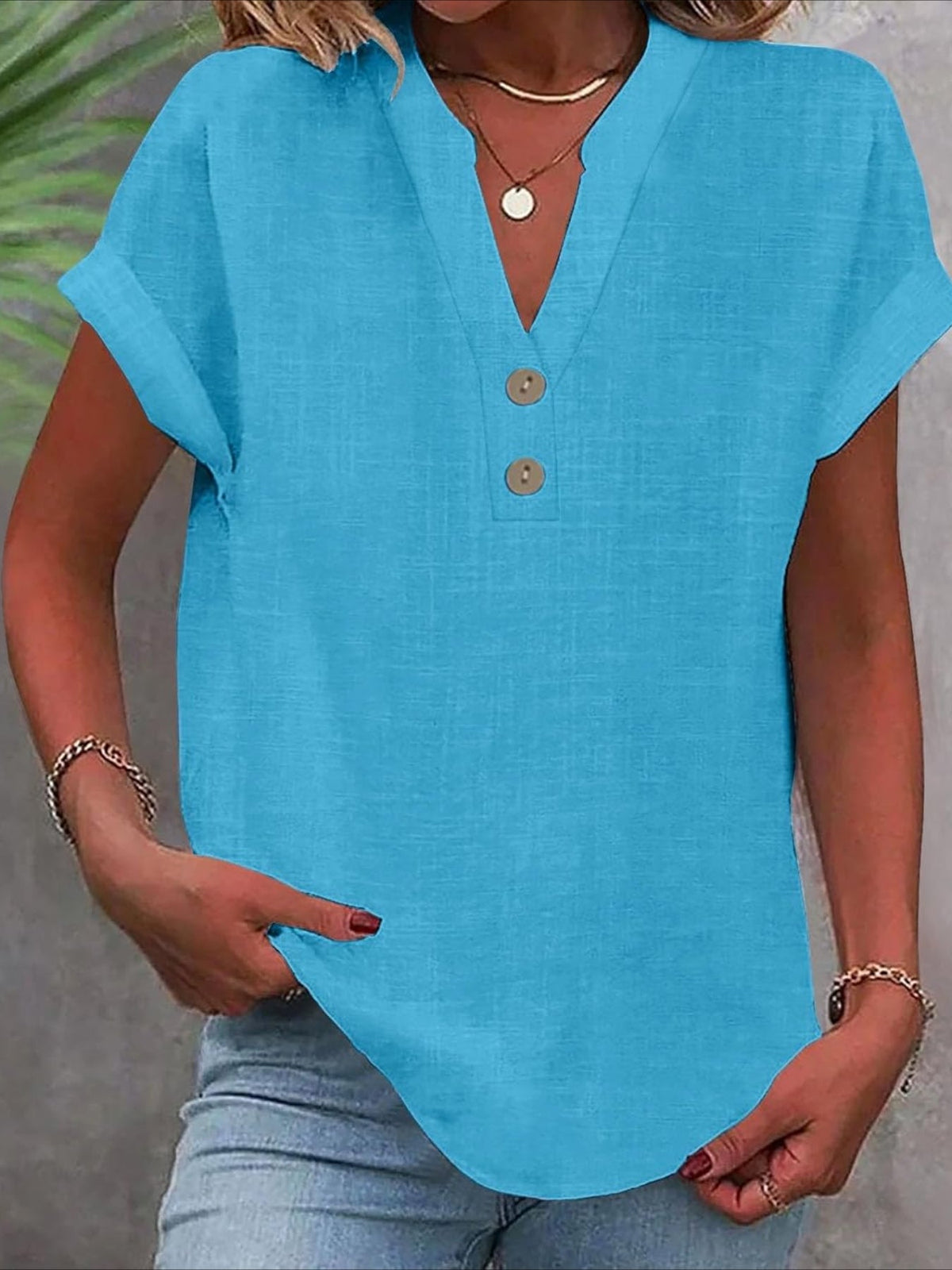Solid Color V Neck Short Sleeve Button Down T Shirts
