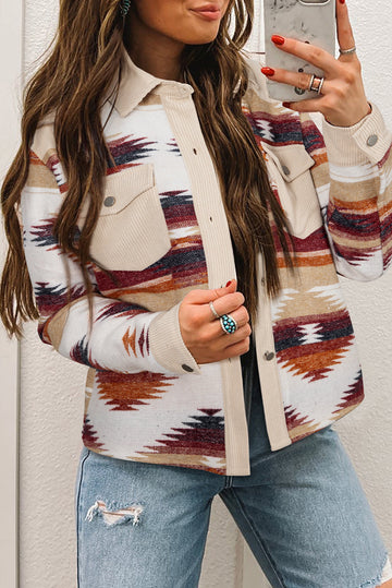 Multicolour Western Aztec Ribbed Patchwork Double Flap Pocket Raw Hem Shacket