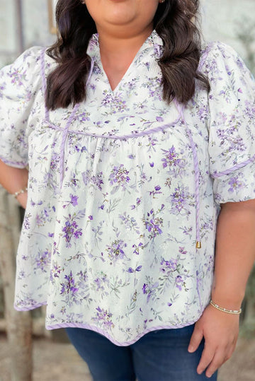 Purple Floral Trimmed Detail Split Neck Plus Size Top