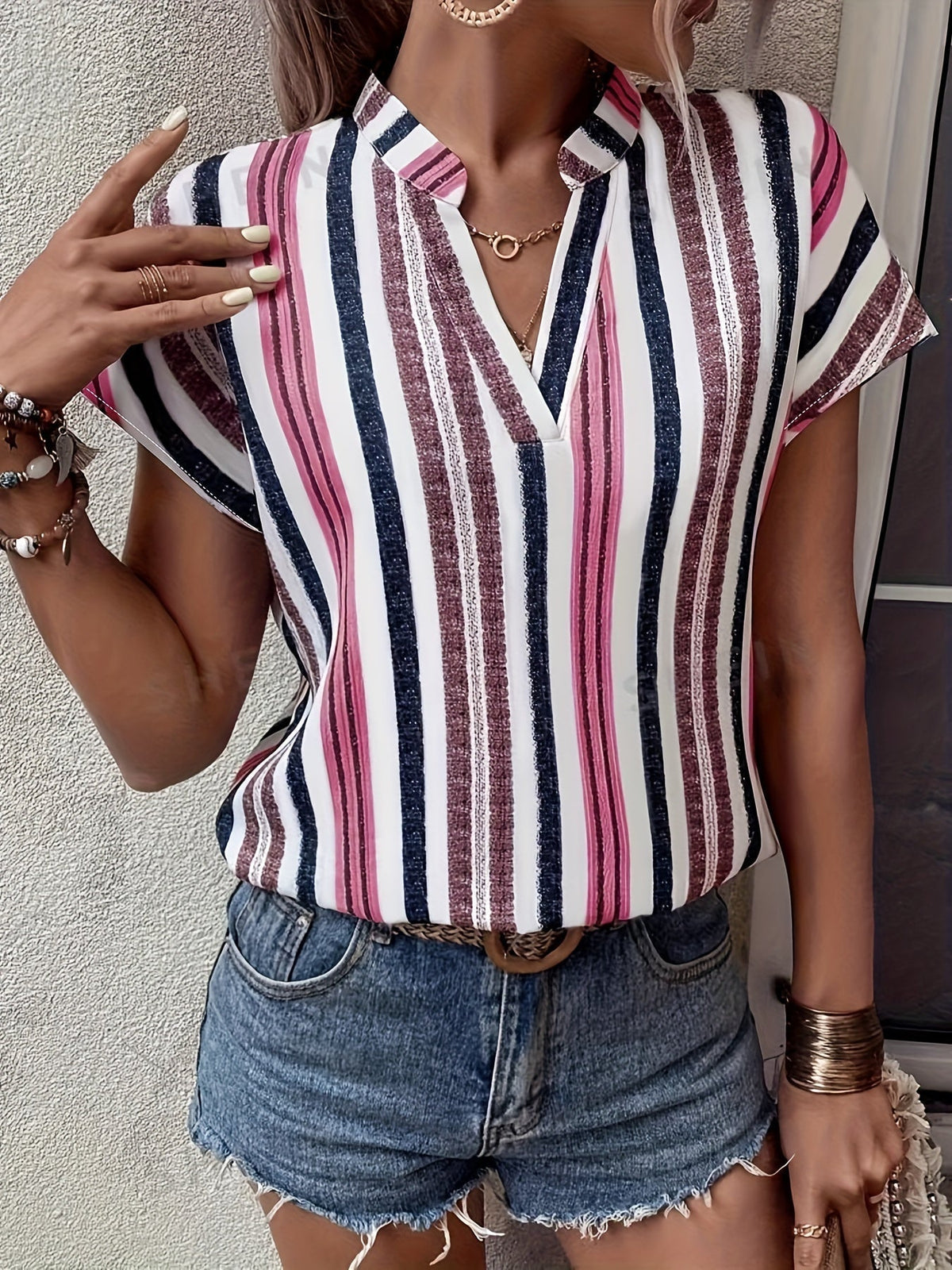 Striped Print Notched Neck Blouse, Casual Short Sleeve Blouse