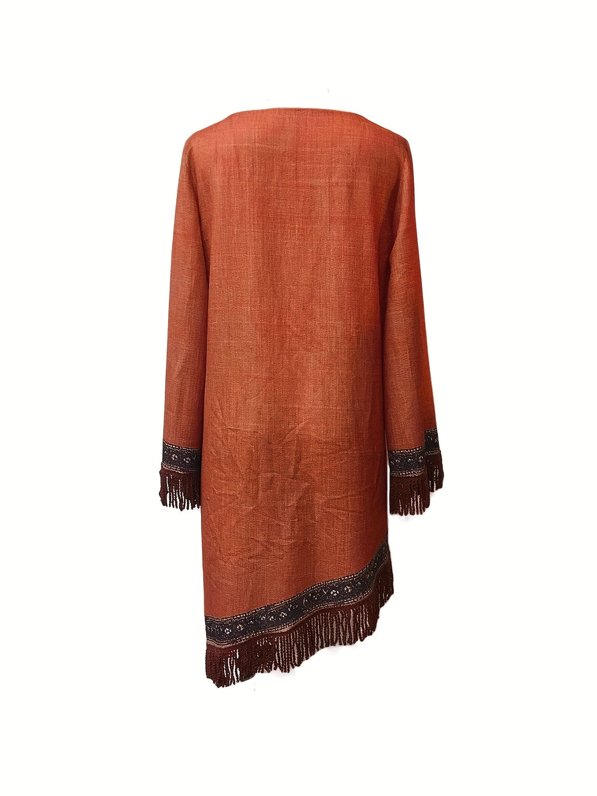 Elegant V-Neck Floral Pattern Fringe Detail and Long Sleeves Dress