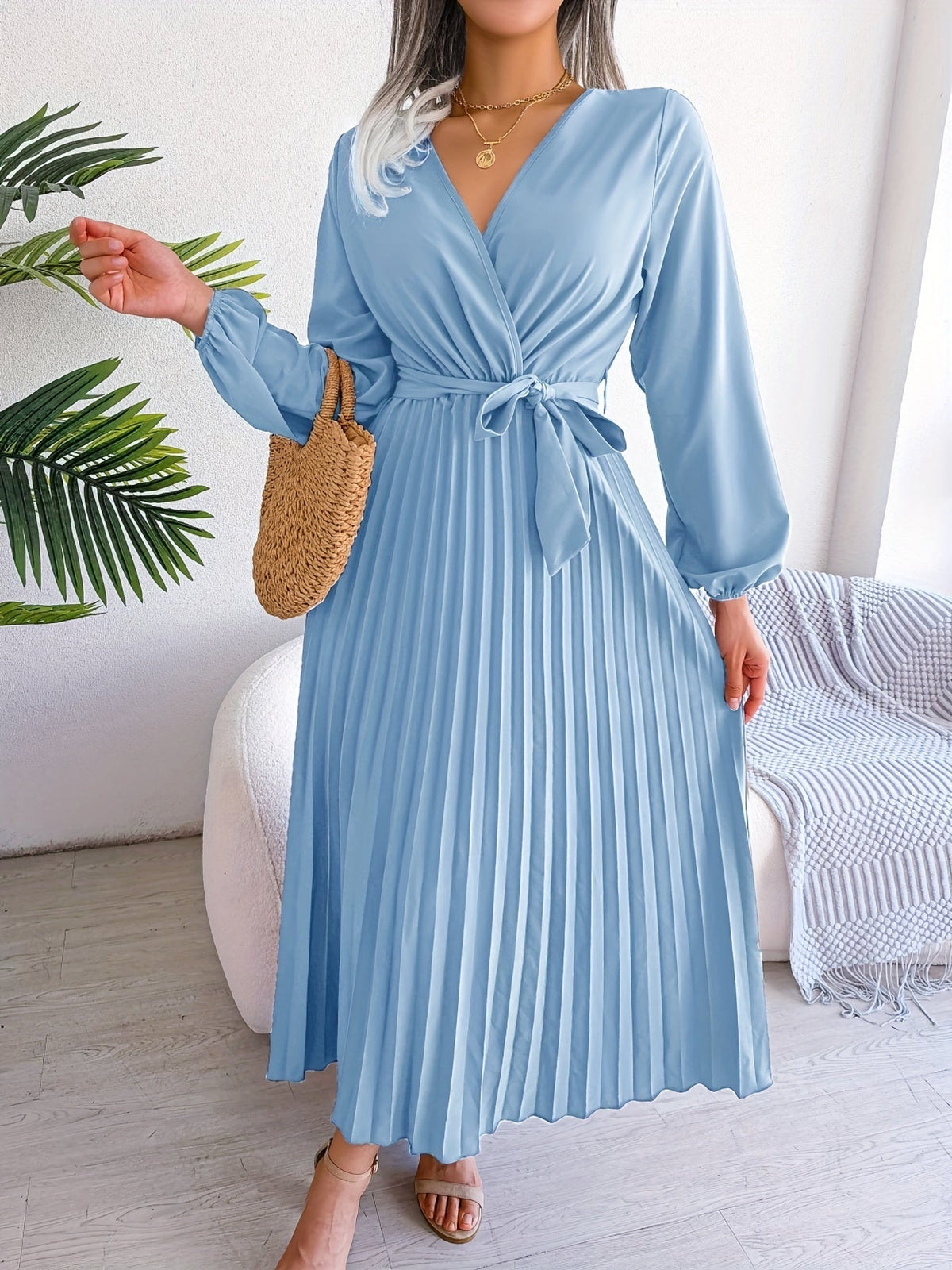 Pleated Surplice Neck Dress, Elegant Long Sleeve Solid Dress, Women's Clothing