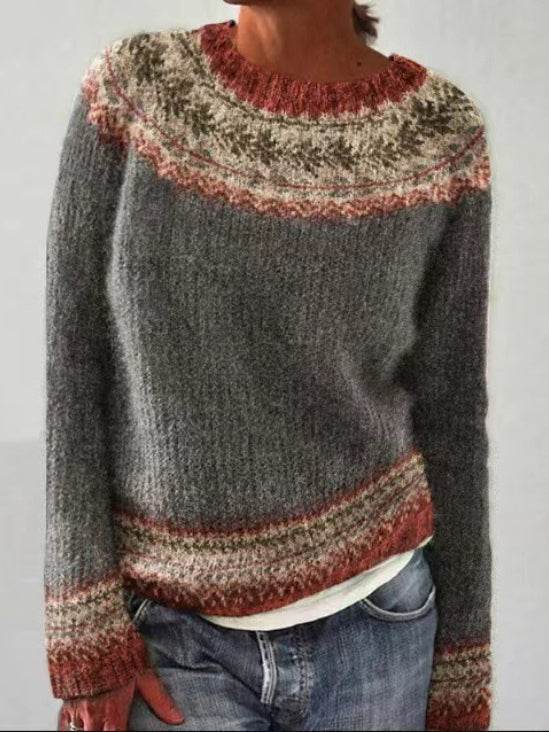 Elegant Color-Block Round Neck Long Sleeve Pullover Sweater